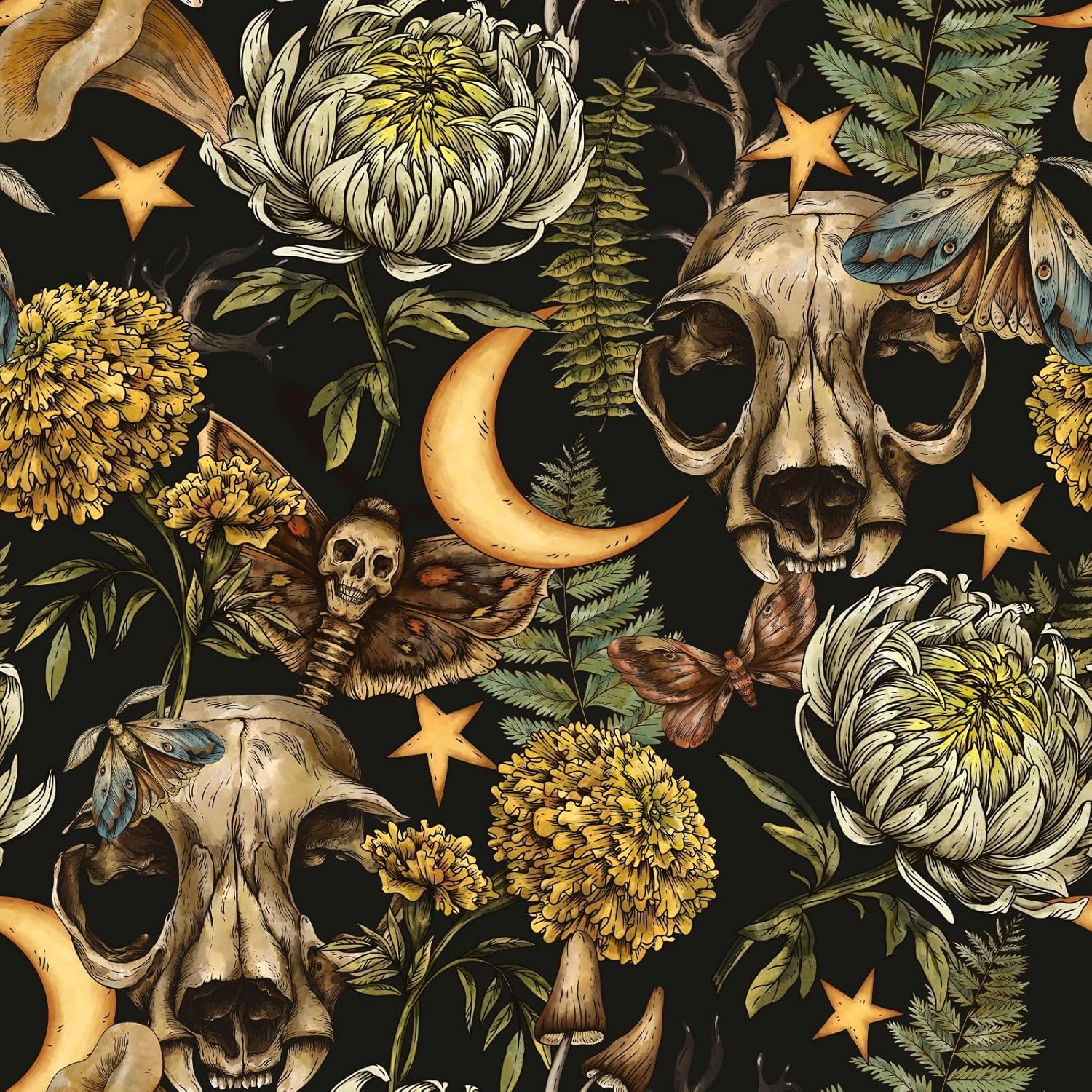 Dark Skeleton Wallpaper Peel and stick Self Adhesive Easy Peel Off whimsical Gothic White flowers Yellow Moon Star Green Leaf Removable Contact Paper for Bedroom Renter friendly 17.71"x236.2"