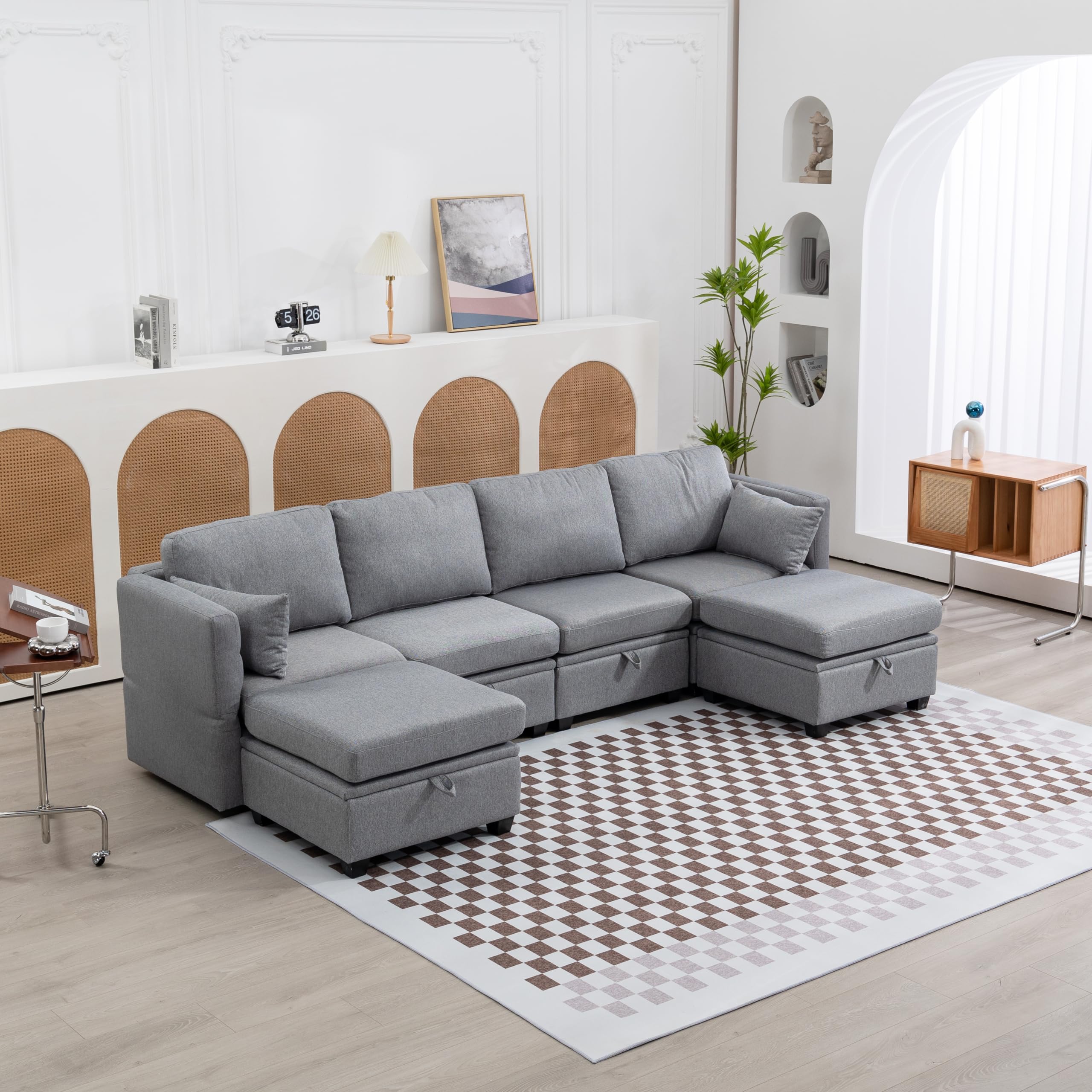 Moimhear Sofá seccional Suave en Forma de U con Almacenamiento, Empalme Informal Puede Usar un sofá Cama Doble, reposabrazos de Tela de Lino Plegable, sofá reclinable Extra Ancho para Sala de Estar