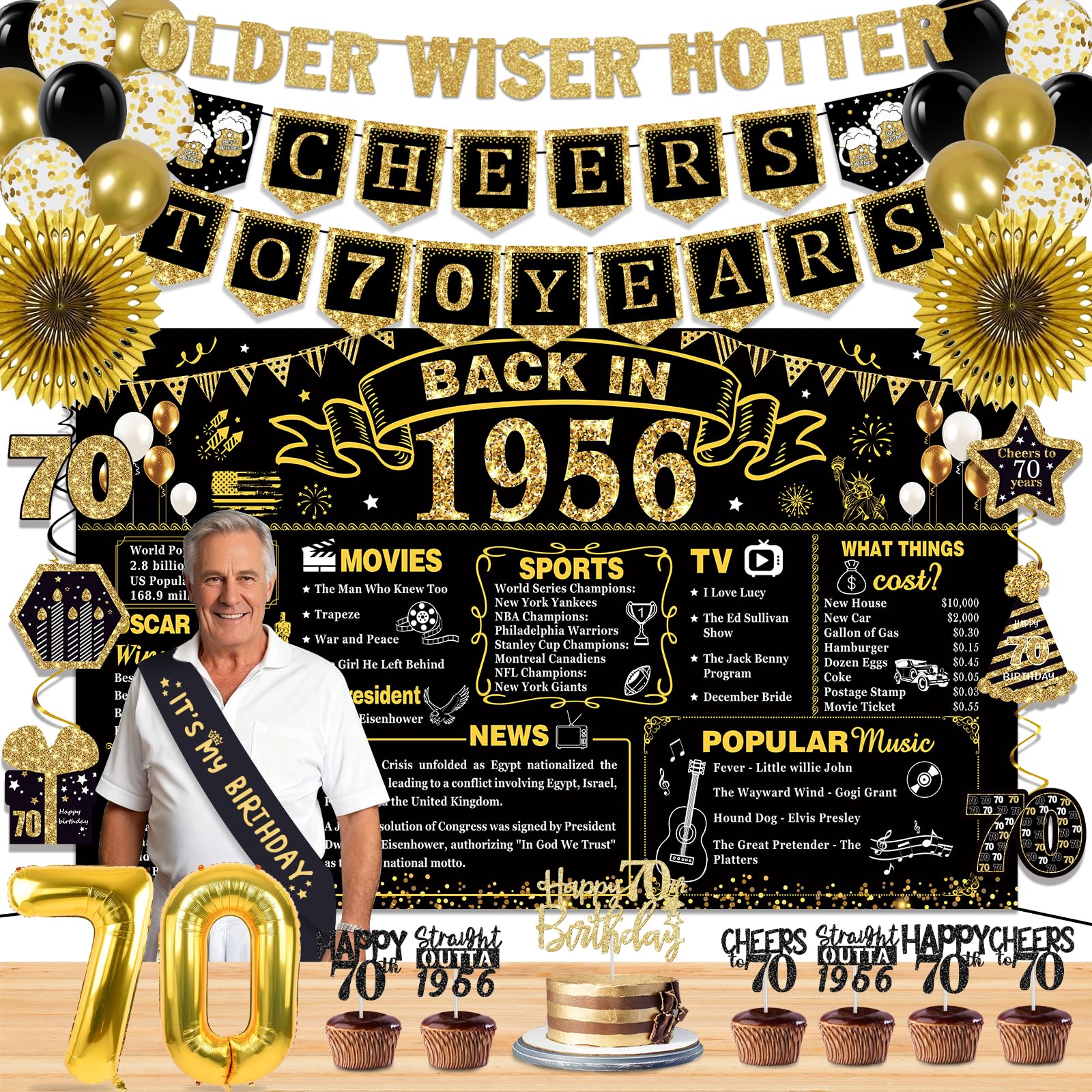 70th Birthday Decorations for Men Women, 36 Pcs Back in 1956 Birthday Party Decorations, Black Gold Happy 70th Banner,Vintage 70th Birthday Table