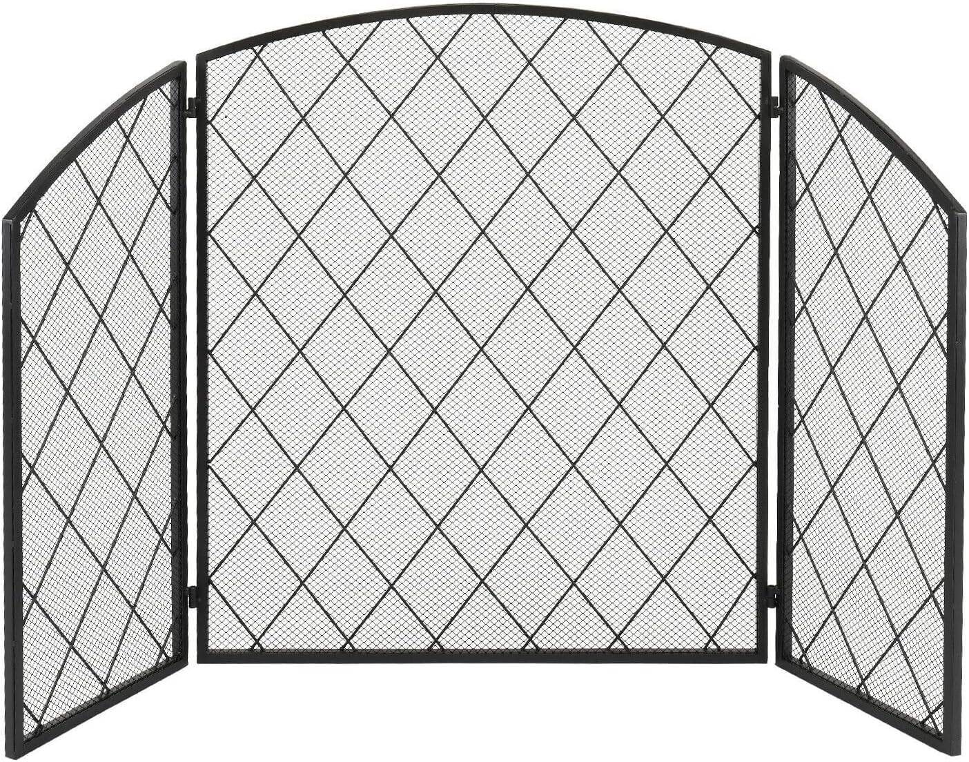 Tri-Fold Fireplace Screen Guard, Arc Top Decorative Iron with Thin Diamond Grid, Fireproof Flat Screen Protector for Home Safety and Style