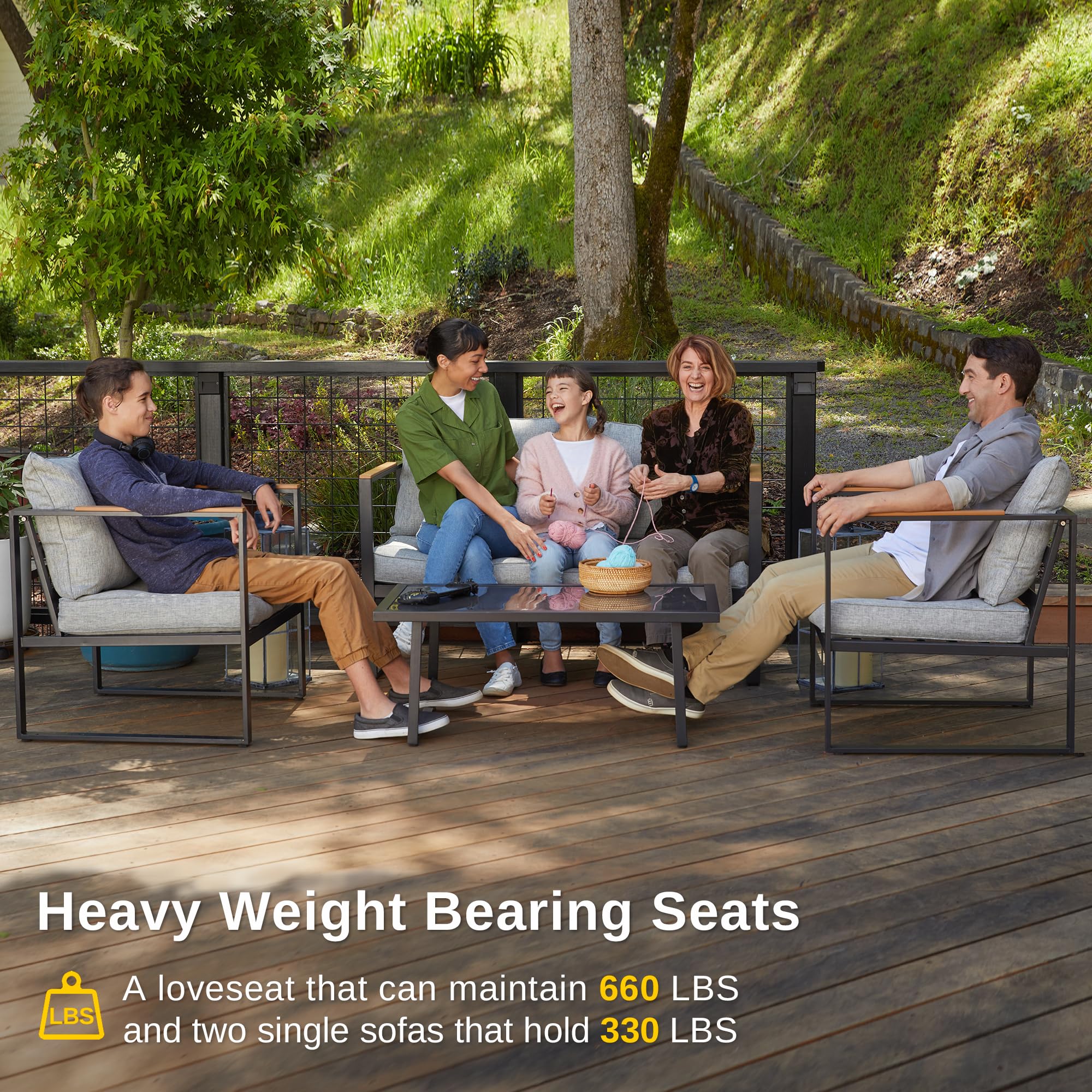 EAST OAK Courtyard Patio Furniture Set, 4-Piece Outdoor Patio Set with Sofa, Removable & Washable Deep Seating Cushion, Tempered Glass Table, Outside Patio Conversation Sets, Black & Grey - 2