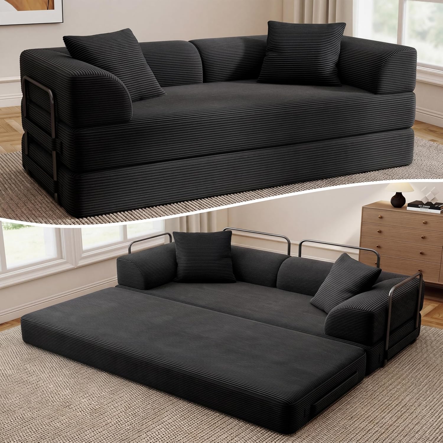 Cloud Boneless Convertible Sofa Bed, 5-in-1 Foldable Compressed High-Density Sponge Sofa, 70" Corduroy Fabric 2 Seater Sleeper Couch Futon Daybed for Living Room Bedroom (Black)