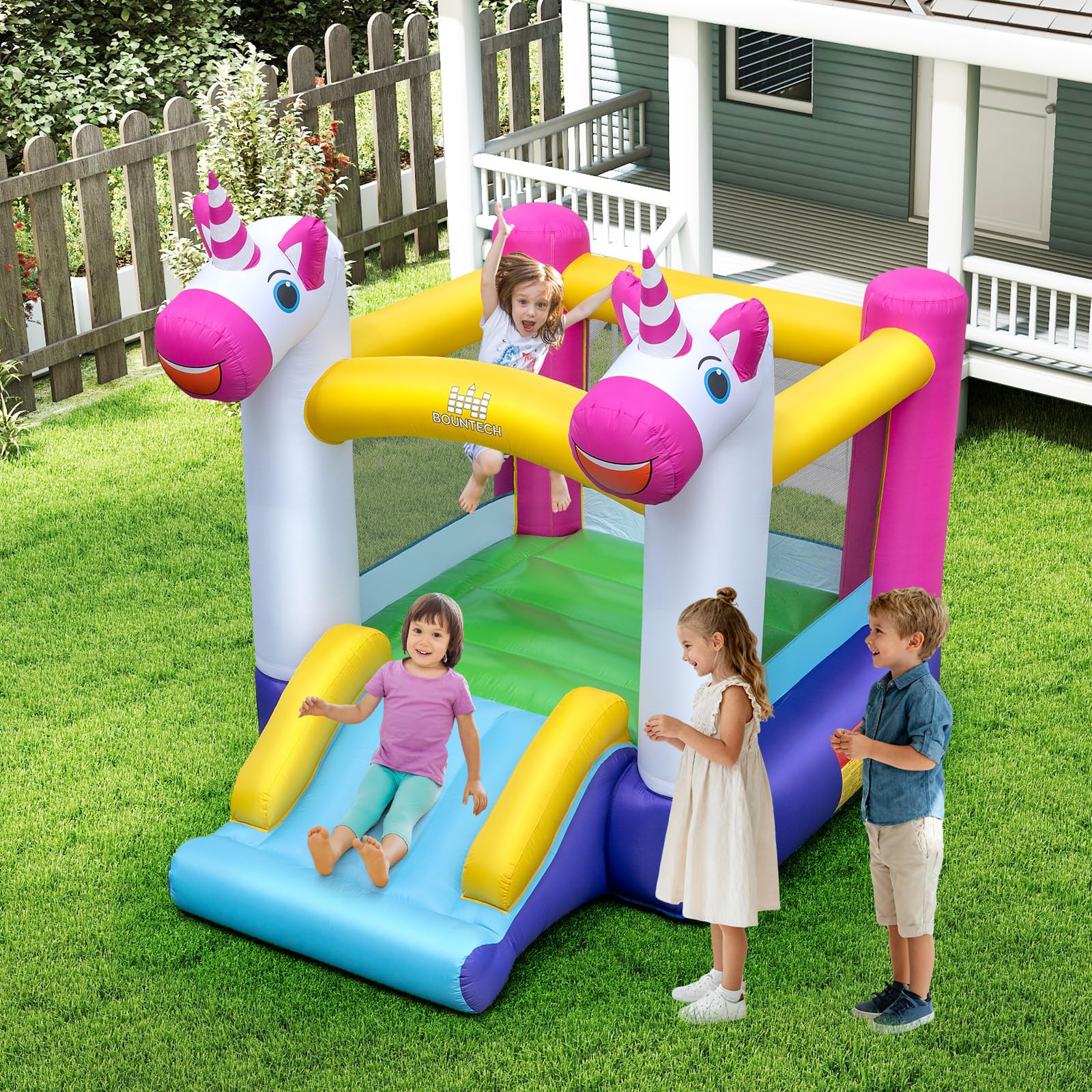 COSTWAY Castello Gonfiabile per Bambini, Casa Gonfiabile Unicorno per bambini con Scivolo e Area Salto, Parco Giochi Gonfiabile da 3-12 Anni, Adatto per Giardino, Esterno e Interno