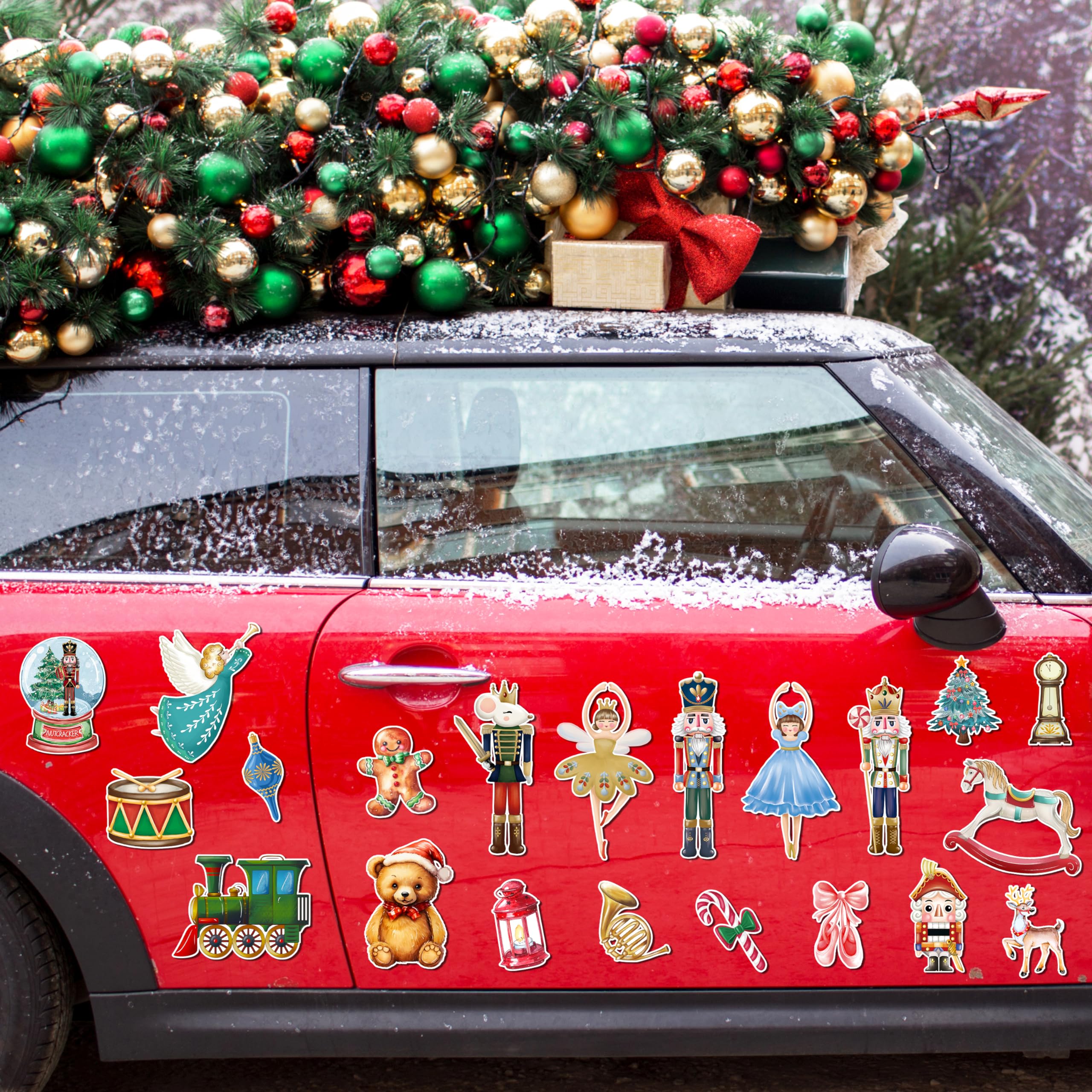 Christmas Reflective Car Magnets Set - 40Pcs Nutcracker & Bulb Light Decor For Car, Fridge, Garage Door