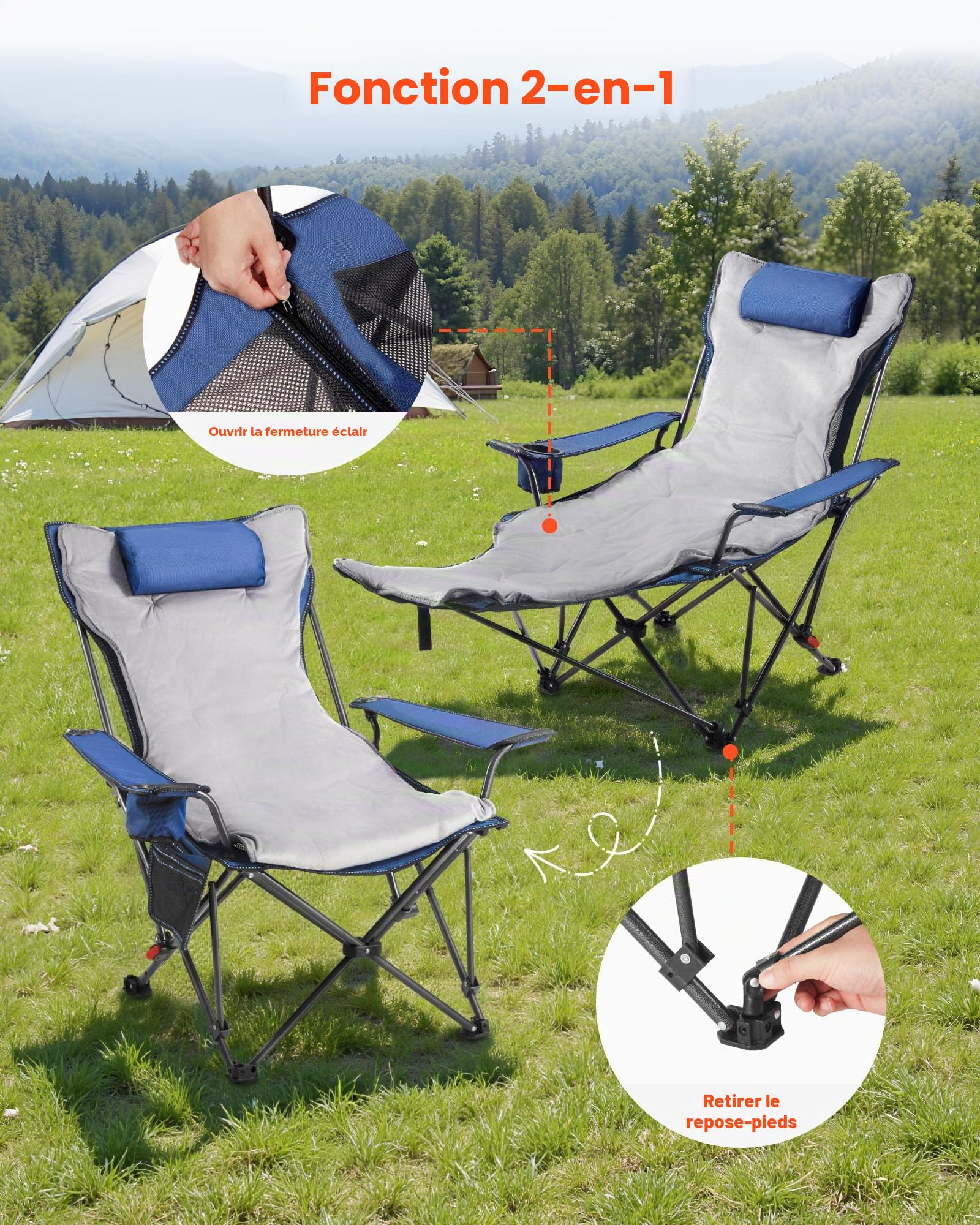 VEVOR Chaise de Camping Pliante, 4 Positions Réglables, Chaise Longue Inclinable Portable pour Adultes, avec Repose-Pieds, Coussin Moelleux, Charge 100 kg, Tissu en Maille, pour Plage, Terrasse, Bleu