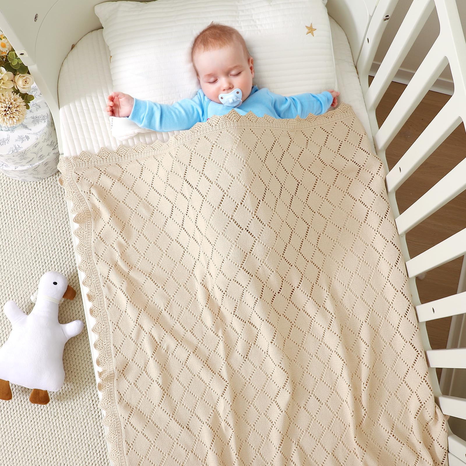 mimixiong Cotton Cellular Baby Blanket Soft Lace Cozy Baby Blankets for Newborn Boys Girls (Light Camel), 100x80 Centimetres - Image 4