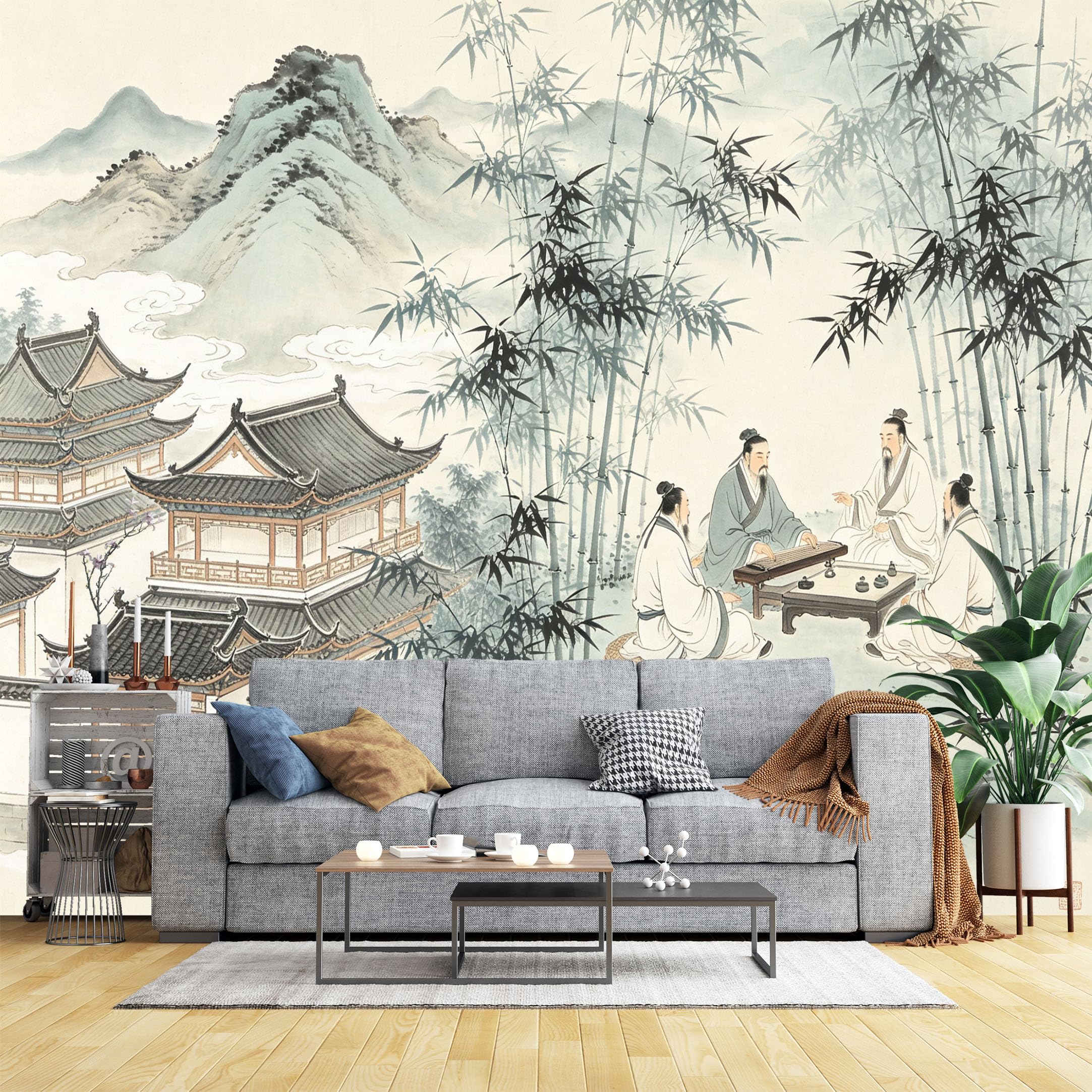 Lcythiazole Ch260604008 Custom Size Wall Murals Traditional Chinese Bamboo Garden Ink Painting Hd Self-Adhesive Wall Fabric (No Pvc) Removable Wallpaper For Living Room Home Decor