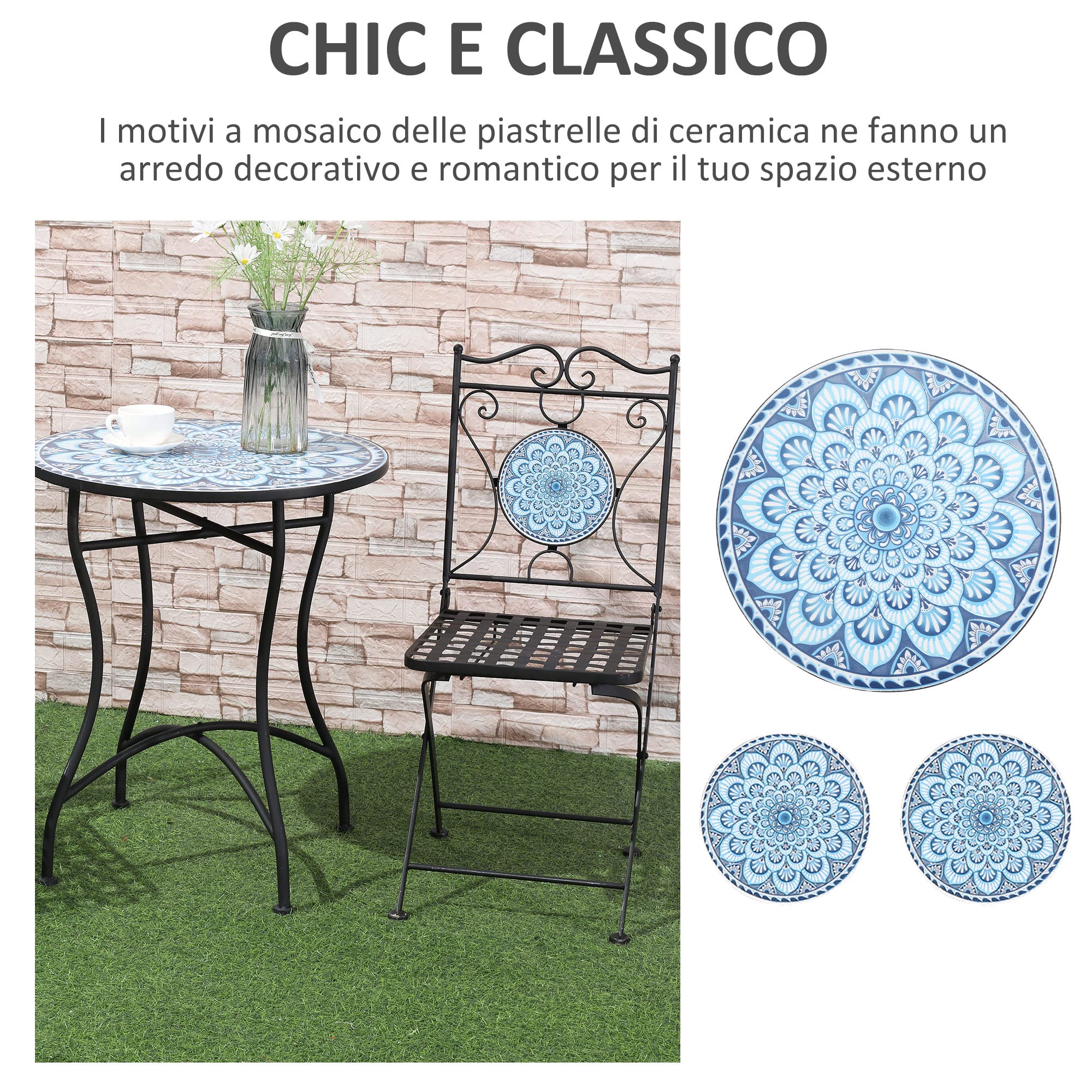 Outsunny Set da Giardino 3 Pezzi con Mosaico, Tavolino da Esterno Rotondo con 2 Sedie Pieghevoli in Metallo, Blu