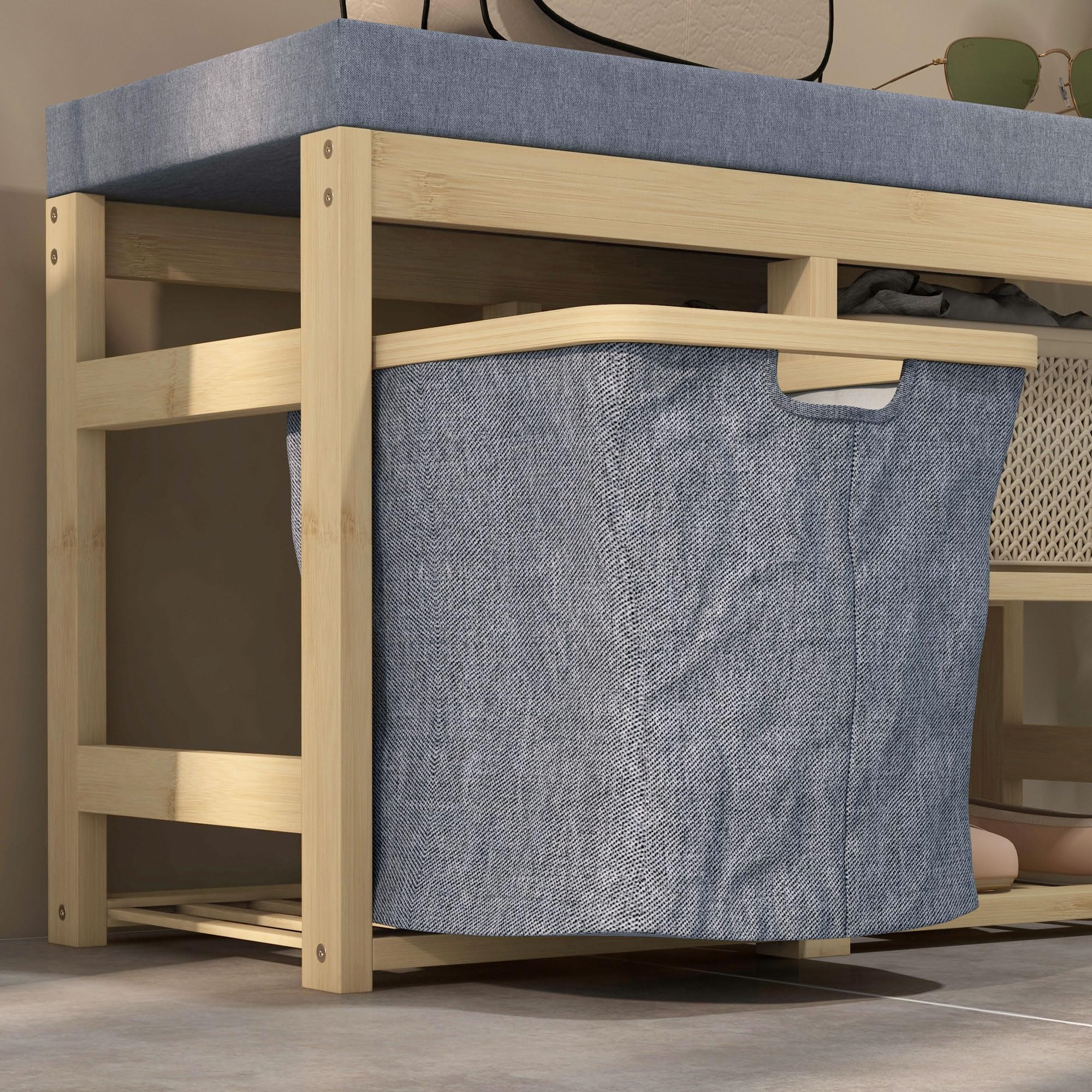 HOMCOM Banco Zapatero de Bambú con Asiento 4 Pares 69x30x45 cm Natural | Mueble Zapatero, Cesta Extraíble, Estantes Abiertos, Bancos Pequeños para Recibidores
