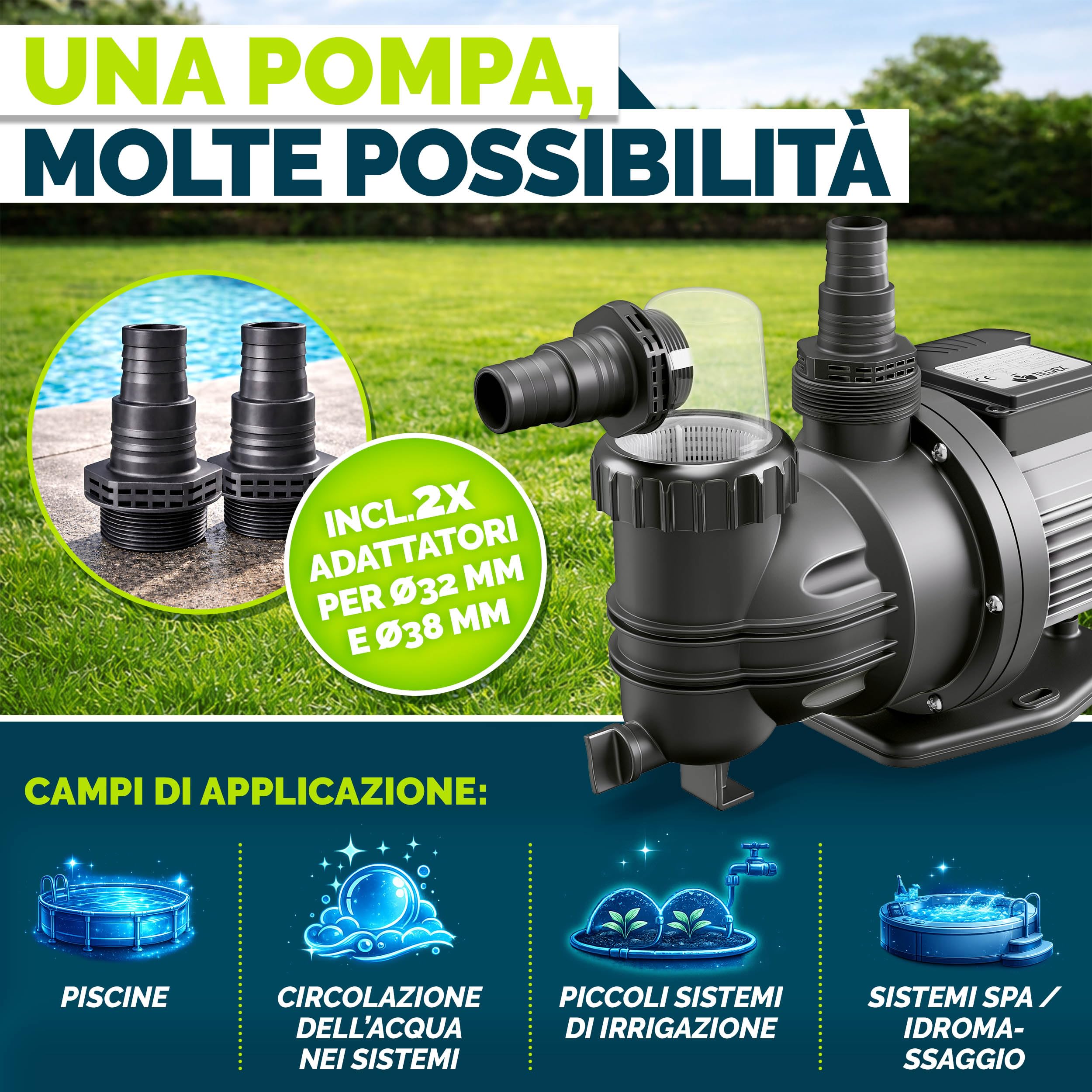 tillvex® Pompa filtro piscina 9 500 L/h & 550 W | Altezza di mandata max. 10 m | Pompa di circolazione per piscine fino a 40 m³ | Autoprimante per piscina fuoriterra & spa con prefiltro