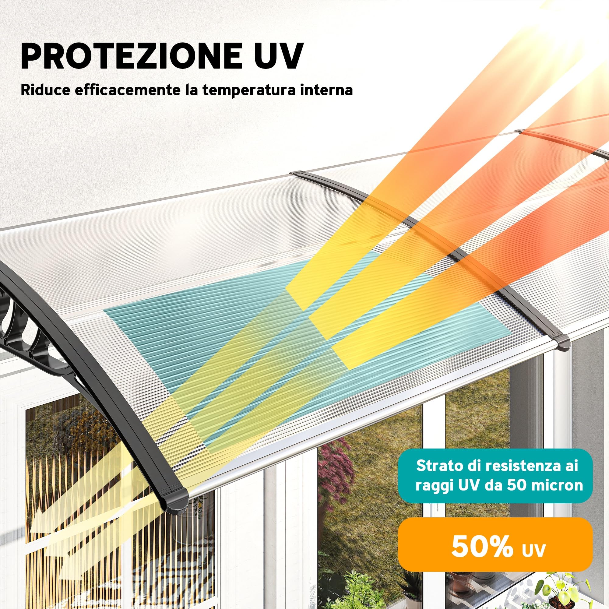 Outsunny Tettoia per Esterni Curva con Viti e Bulloni Inclusi, Pensilina in Policarbonato, PP e Alluminio, 90x295x23.5 cm, Nero e Trasparente