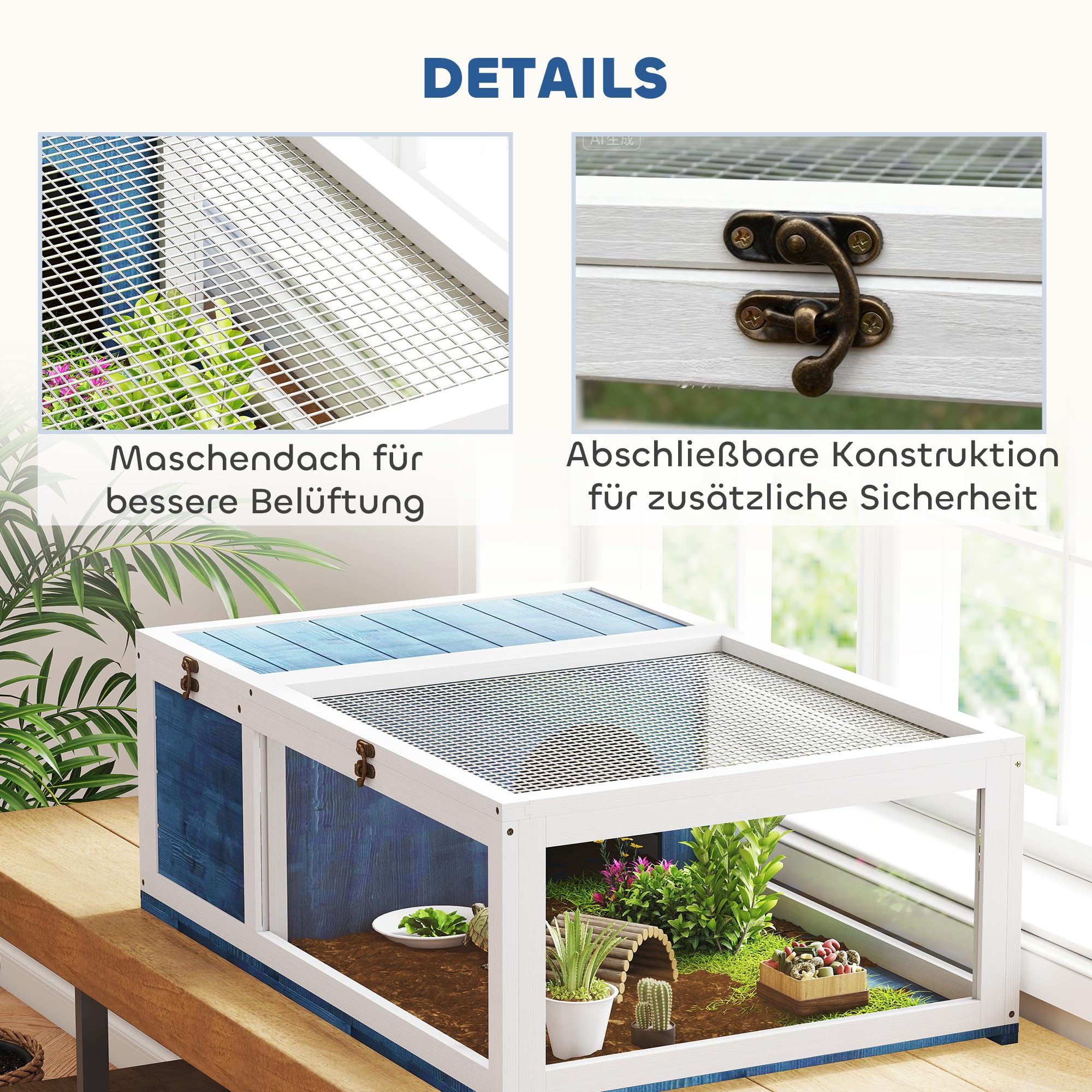 PawHut casa in legno per tartarughe, recinto per tartarughe con case principali, piano incernierato, gabbia per rettili da esterno, terrario per tartarughe, rettili, lucertole, serpenti, blu