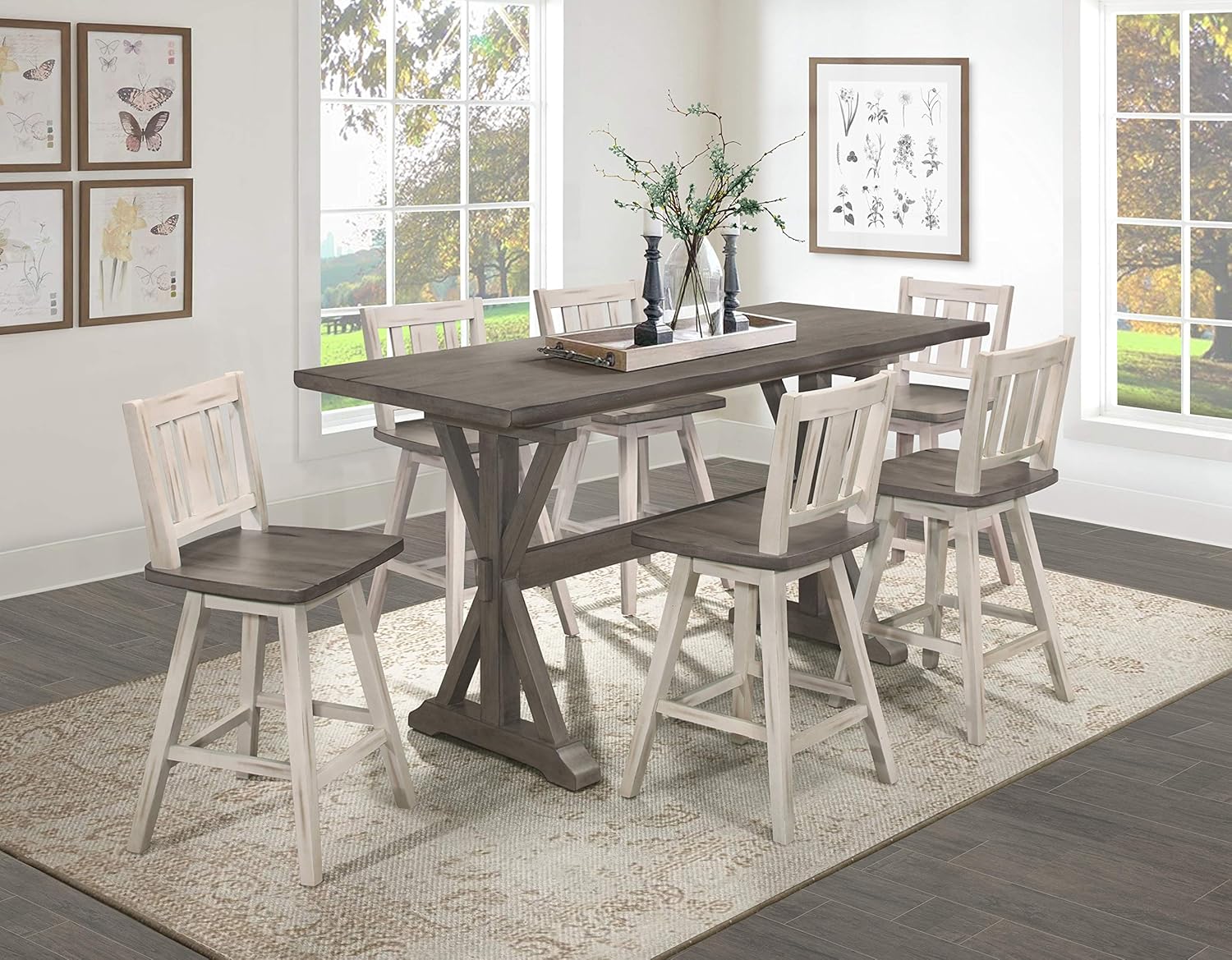 Lexicon Swivel Counter Height Stools Set of 2, Modern Solid Wood Kitchen Counter Stools, High Back, Grey Swivel Seat, Footrest for Kitchen Island, Easy Assembly, Slat Back, 24" SH, Antique White