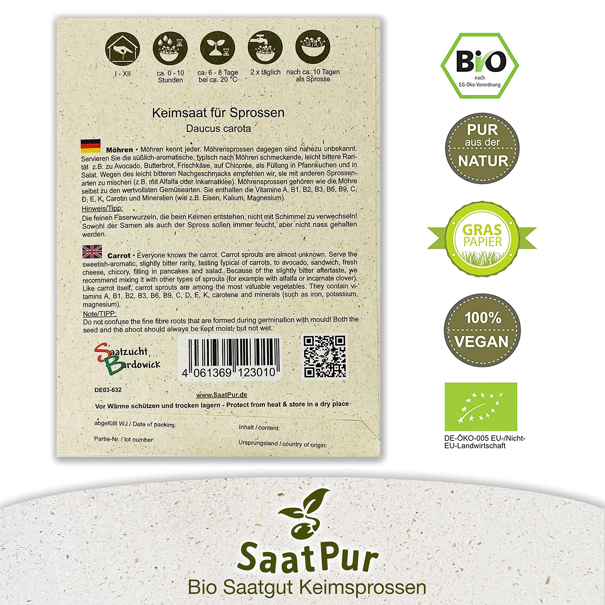 SaatPur Bio Keimsprossen - Möhren Sprossen Keimsaat, Microgreenn - Kleines Tray mit 20 Portionstüten je 15g