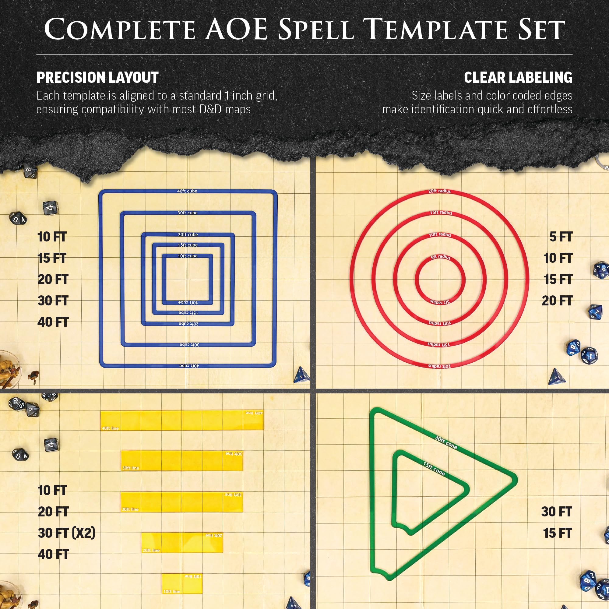 Futhark Lot de 16 modèles de sort pour zone d'effet - Marqueurs DND AOE en acrylique