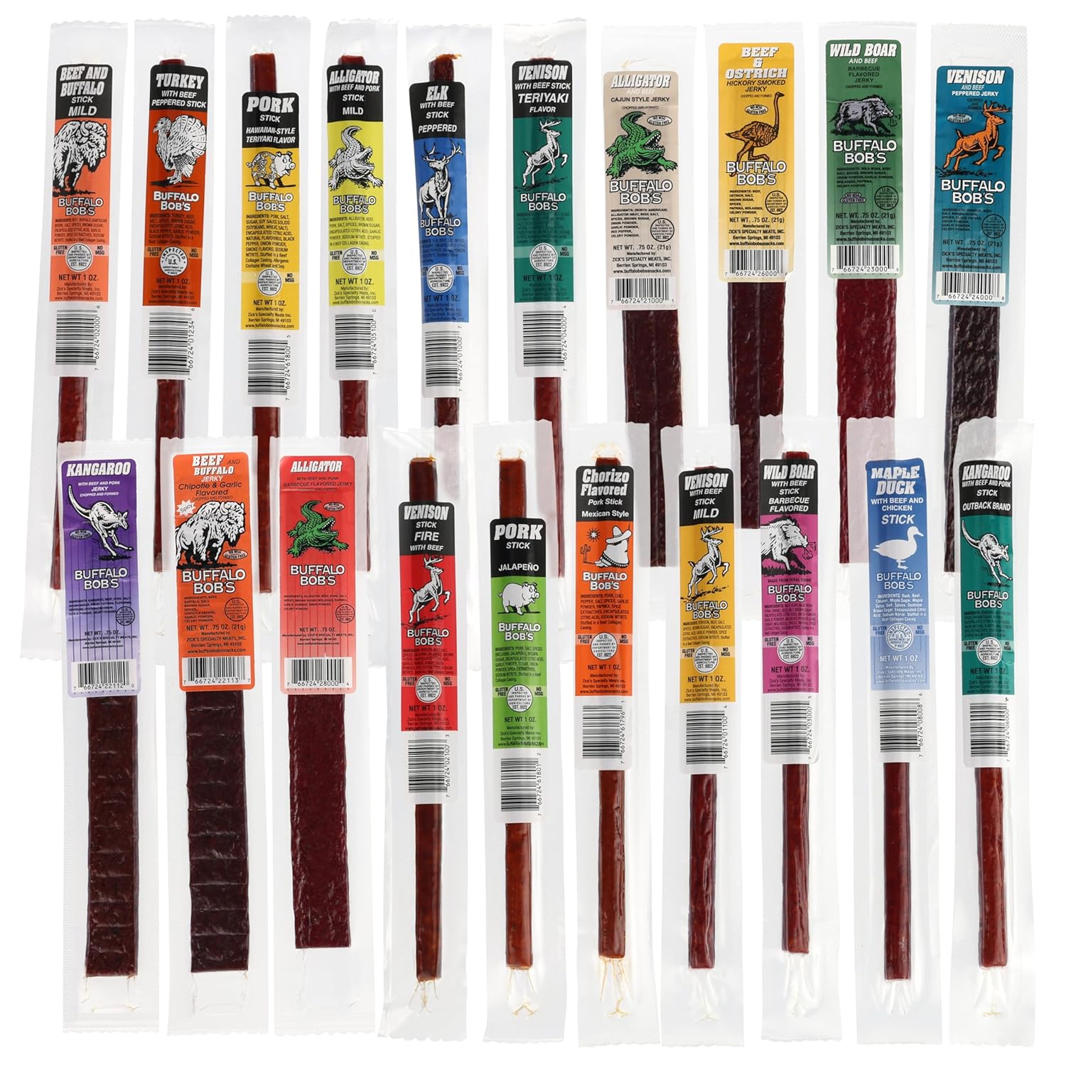 Buffalo Bob's Exotic Jerky Gift Box - Staff Favorite 20 Piece Assortment: Alligator, Buffalo, Venison, Beef, Ostrich, Duck, Elk - BBQ, Cajun, Peppered, Teriyaki