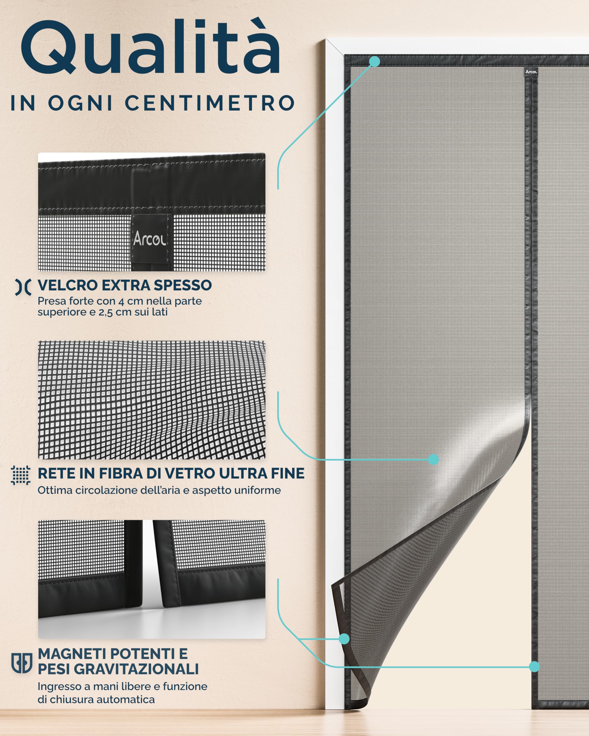ARCOL Zanzariera Magnetica 120x240 cm Premium in Fibra di Vetro - Stop Zanzare in 3 Min., Rete Ultra-Fine Anti-Insetti, Chiusura Automatica con Magneti & Pesi, Nastro a Strappo Extra-Largo (Nero)