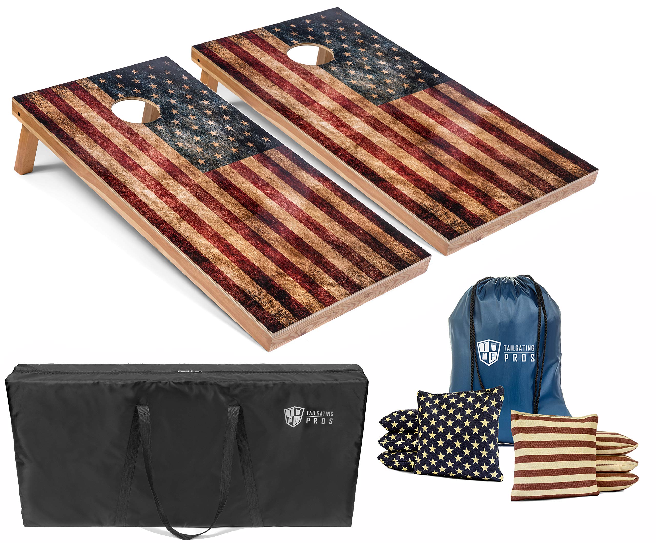 Tailgating Pros Rustic American Flag Cornhole Boards w/Bean Bags - 4'x2' Distressed Flag Cornhole Game w/Carrying Case & Corn Hole Bags