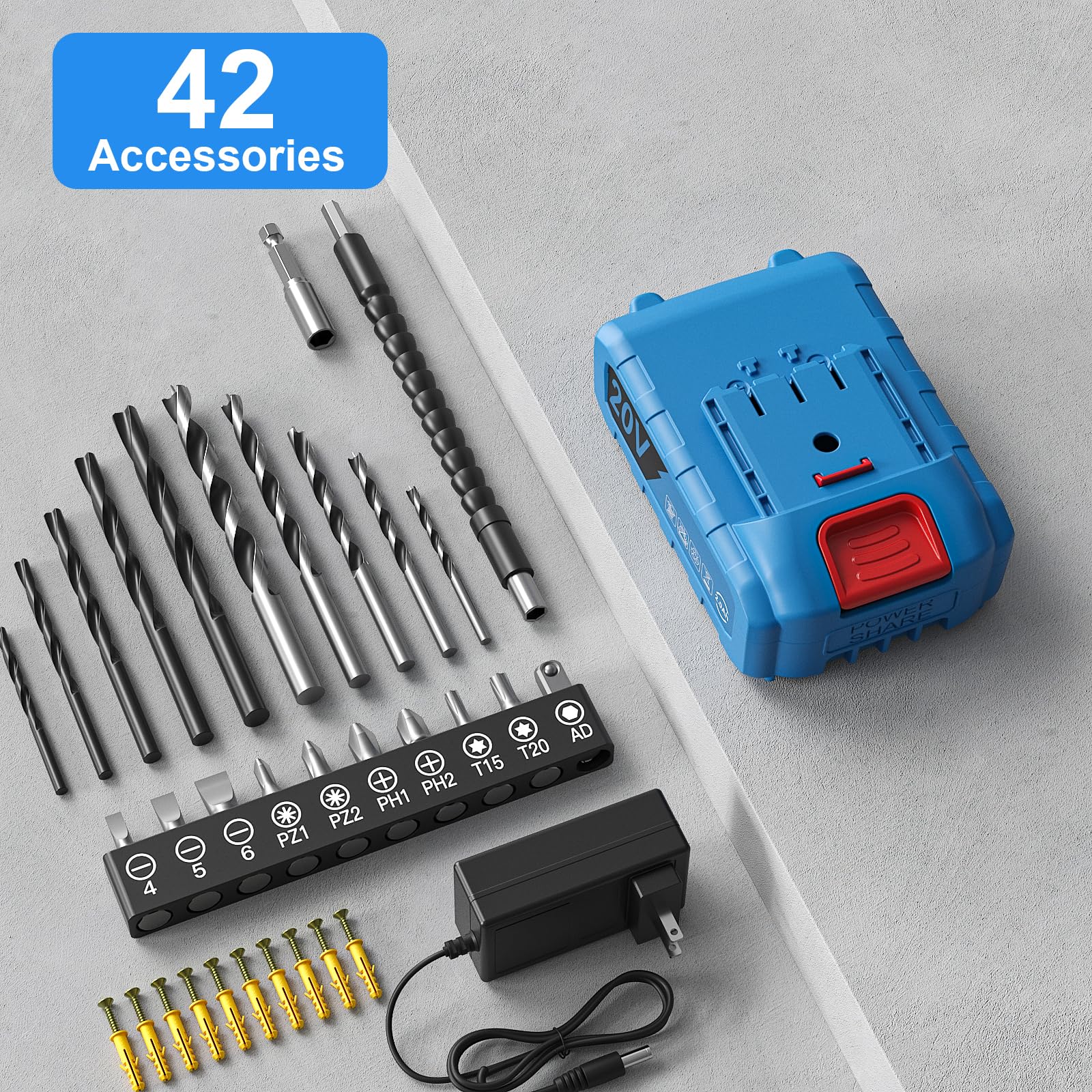 Set de perceuse sans fil, VIWKO perceuse électrique 20V avec bloc d'alimentation 2.0Ah et chargeur, mandrin sans clé de 9,5 mm, couple 25+1, 42 pièces de forets/vis pour projets DIY (Bleu)