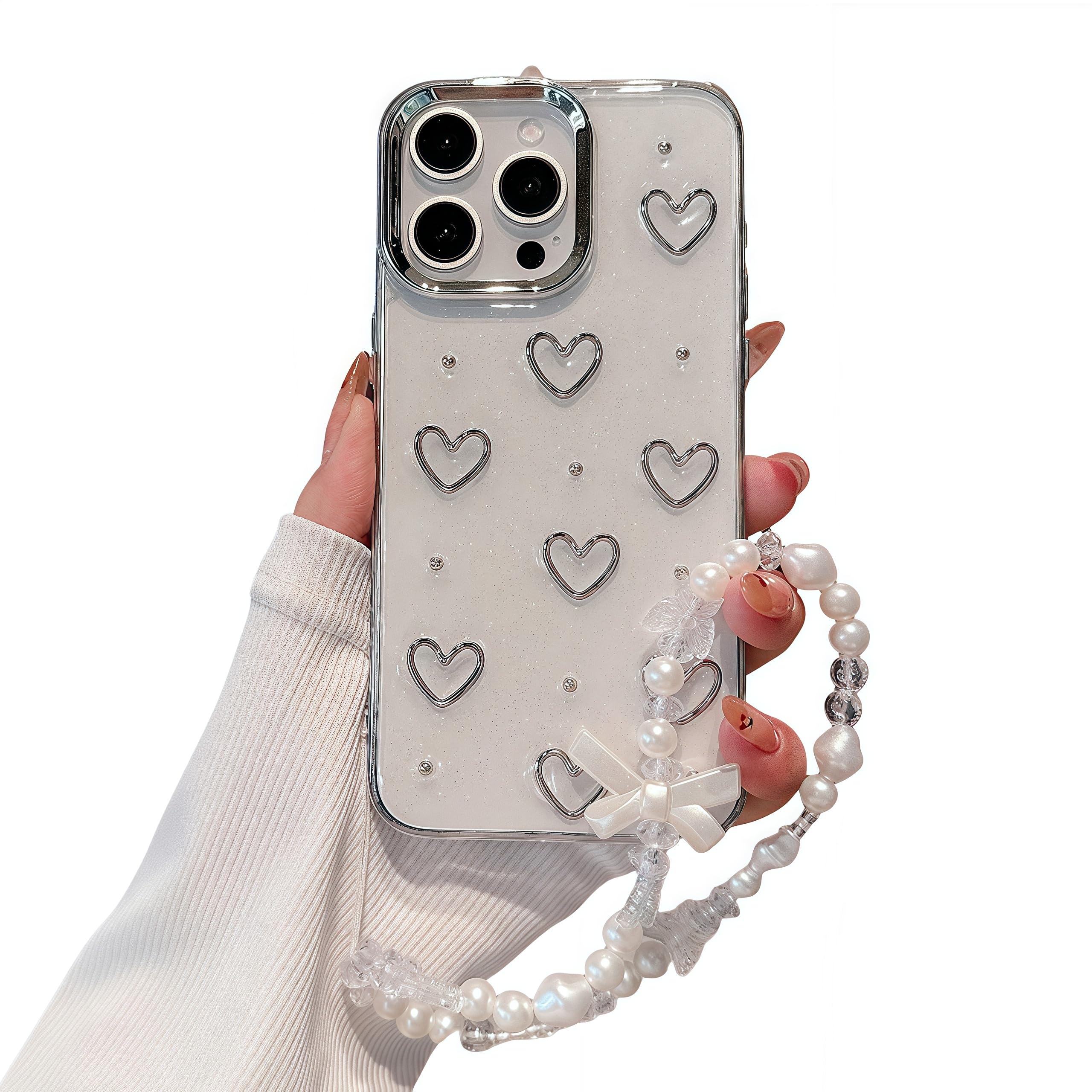 Pretaco for iPhone 14 Plus Case, [Premium 3D Silver Love Heart Pattern] [Transparent Creative Case] [2-in-1 Beaded Wrist Strap] Soft TPU Shockproof