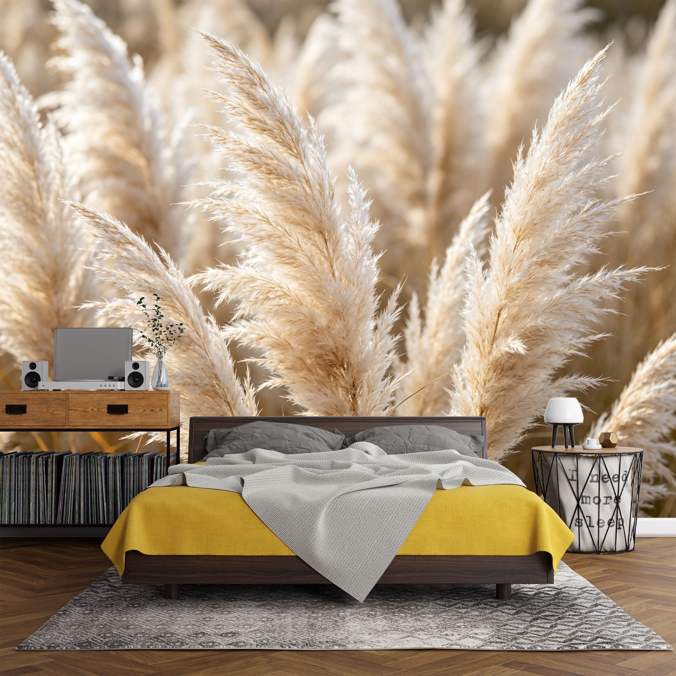 Custom Size Wall Mural， Botanical Pampas Grasses Beige Feathery Field Nature Scene，SelfAdhesive Art Prints wall Fabric (No PVC) Removable Wallpaper Living Room Decor