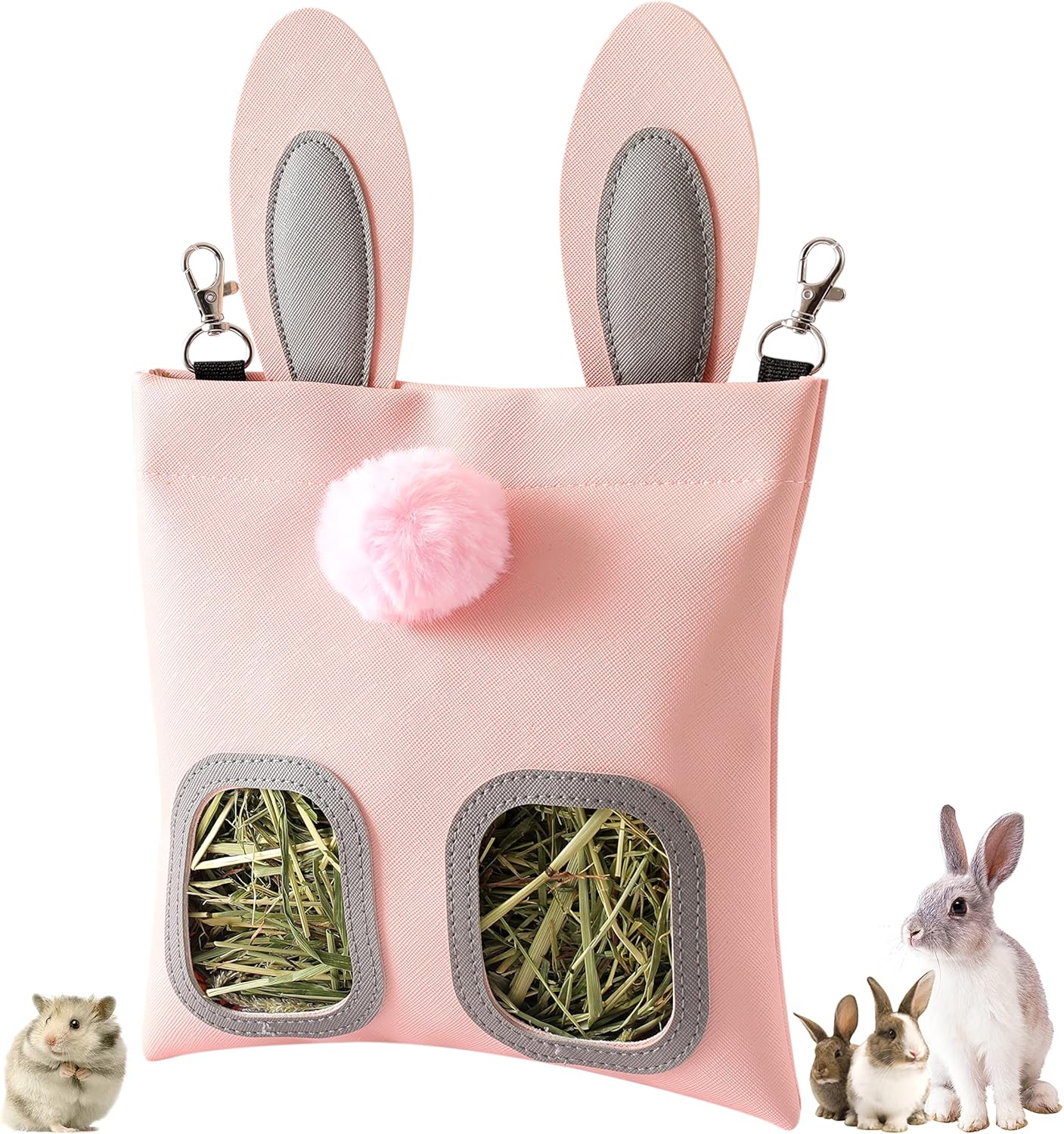 feniola Rabbit Hay Feeder Bag Cute Pink Hanging Storage