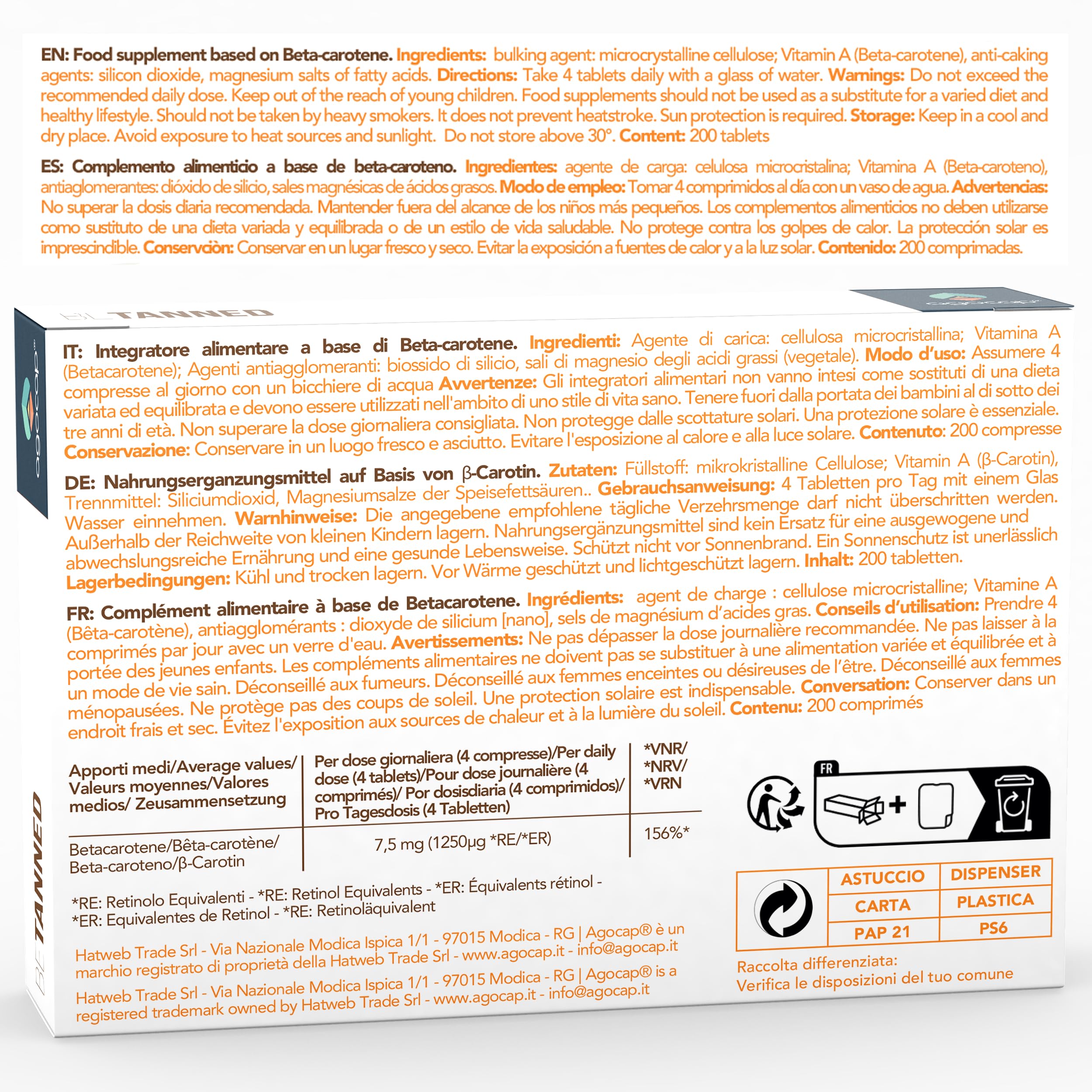 Acelerador Bronceado - BETACAROTENO. Suplemento de bronceador, 200 Comprimidos, Betacaroteno para bronceado fuerte, Estimula la producción de melanina, Bronceador.