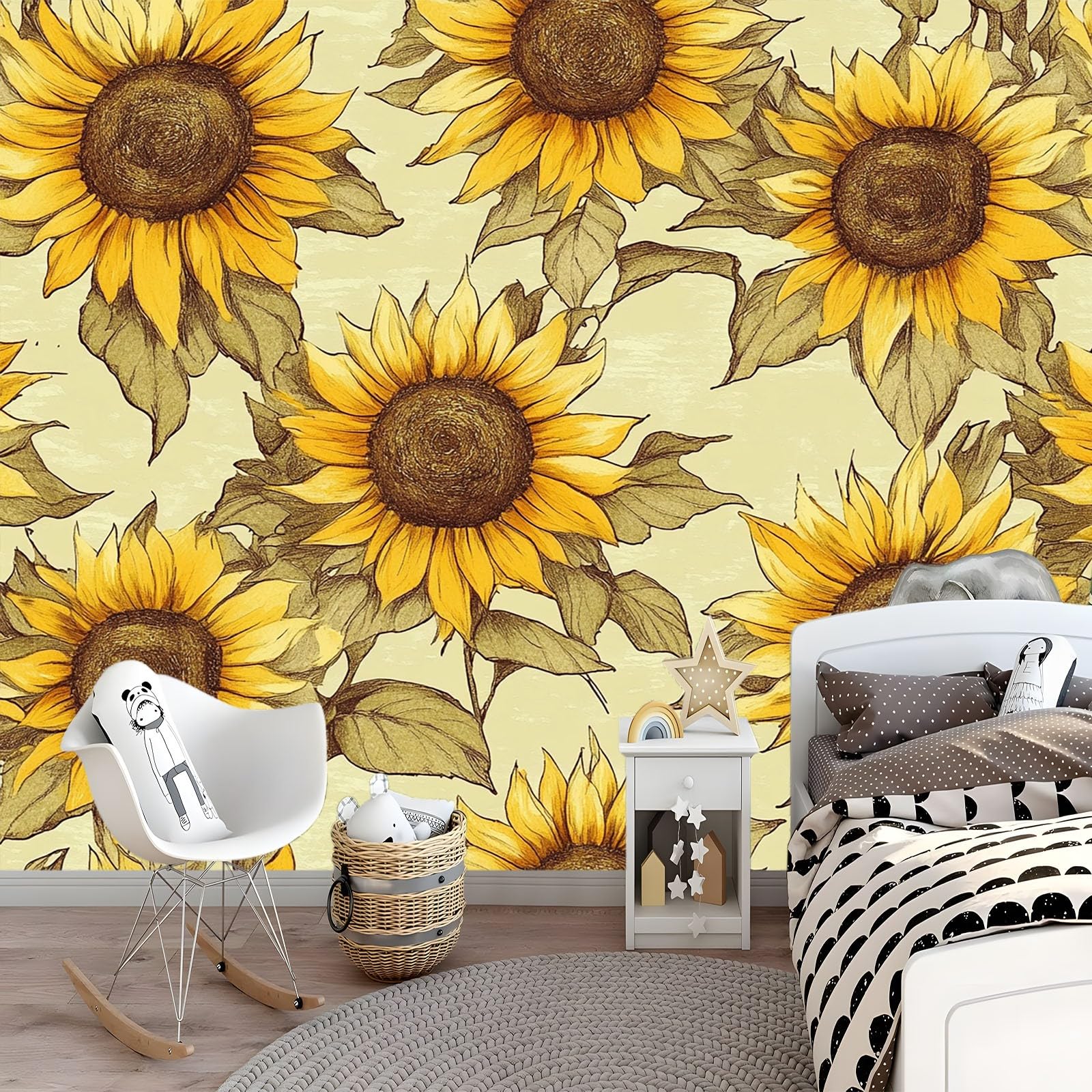 Tapeta Fototapeta 250 x 175 cm Retro Słonecznik Liście Włóknina Fototapeta 3D | Fototapeta Dekoracja Salon Sypialnia, Żółty