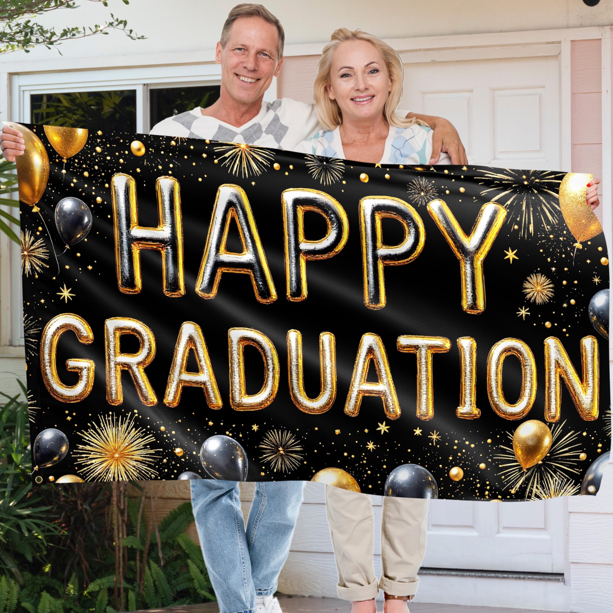 Congratulations Banner - Graduation Decorations 5x3ft - Well Done Banner - We Are So Proud of You - You Did It (Black and Gold) - Image 4