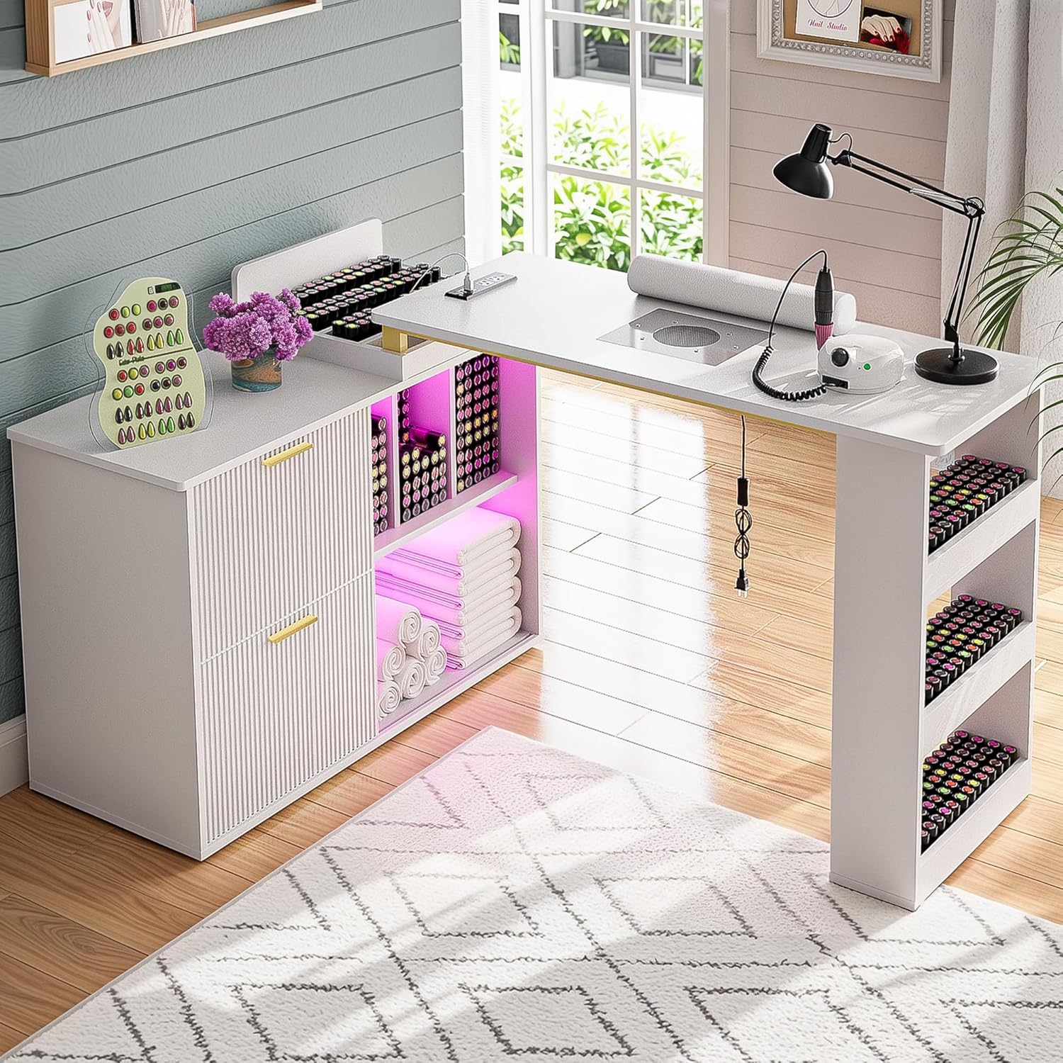 Mesa de manicura con luz LED, mesa tecnológica de uñas en forma de L con colector de polvo y tomas de corriente, estación de uñas de esquina de