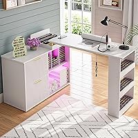 Vista 8 de Mesa de manicura con luz LED, mesa de uñas en forma de L con colector de polvo y tomas de corriente, estación de uñas de esquina de longitud