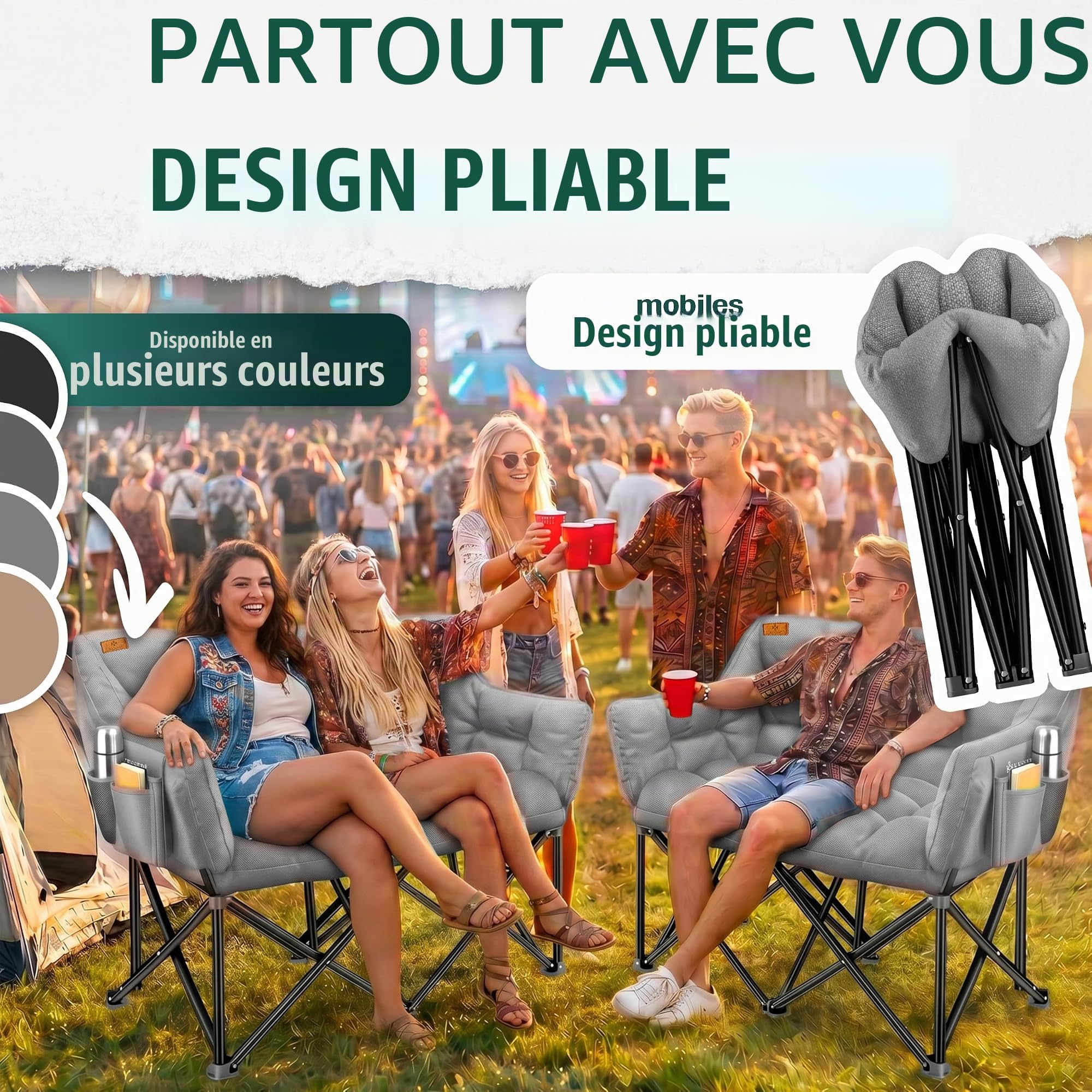 KESSER® Canapé de camping pliable pour 2 personnes - 300 kg - Large canapé rembourré avec poches latérales et sac - Canapé pliable Duo - Chaise de camping pour intérieur et extérieur - Camping