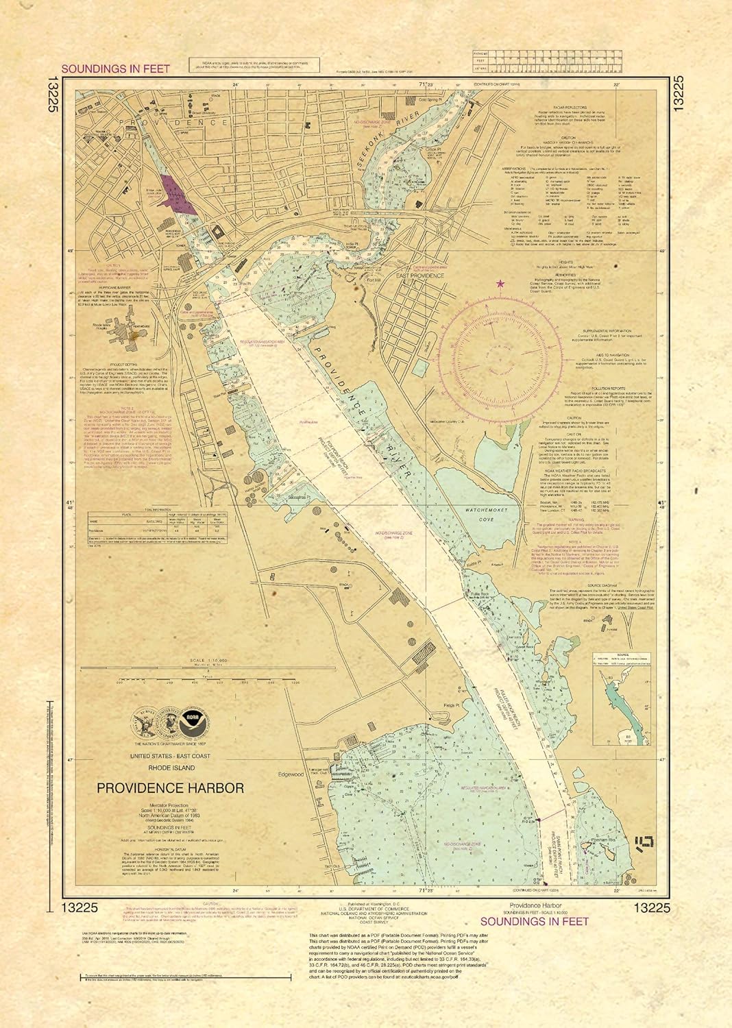 Paradise Cay Publications, Inc. Antiqued NOAA Chart 13225: Providence Harbor