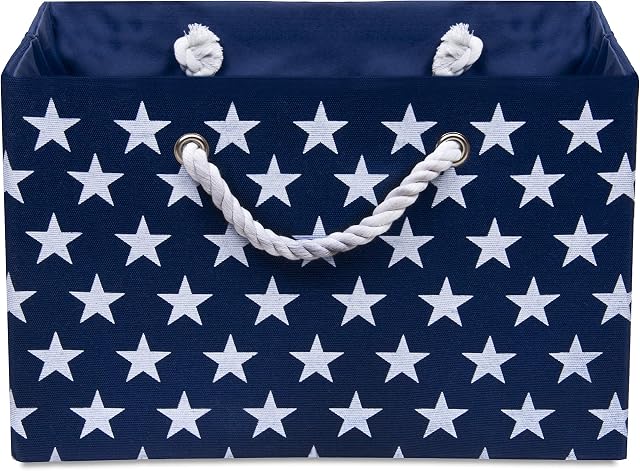 Foldable Blue Star Canvas Storage Basket - Rectangle Fabric Basket with White Stars  Perfect for Household Storage, Fabrics or Toys. Size: Width 42cms x Depth 32cms x Height 28cms