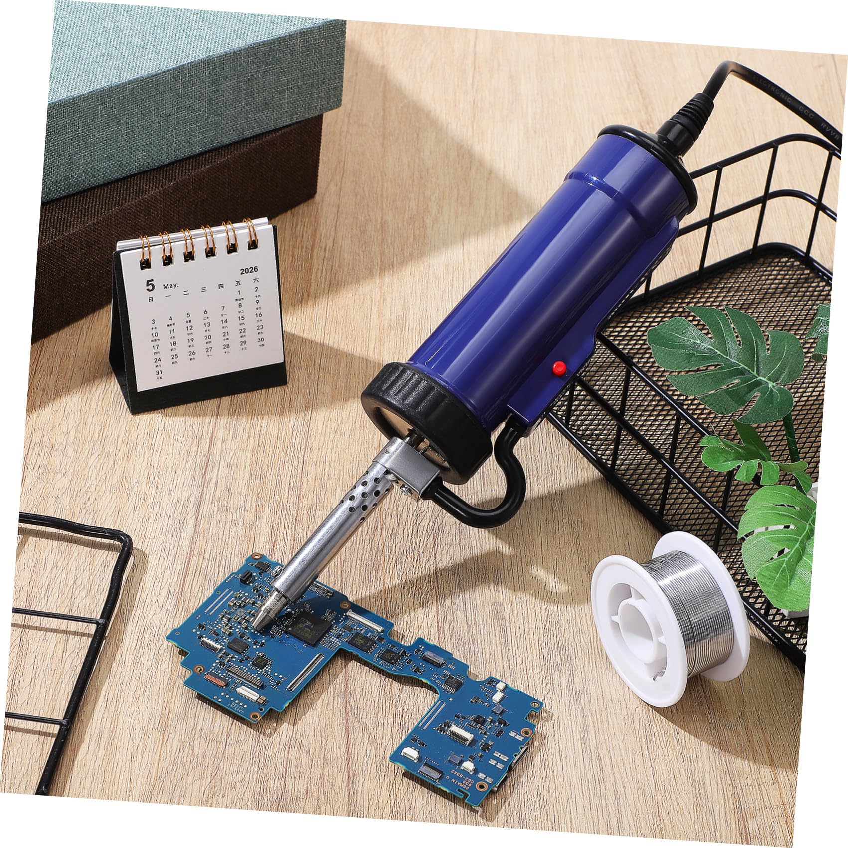 Bomba Desoldadora Eléctrica Portátil para Mantenimiento de Electrodomésticos con Ventosa Azul, Simple y Accesorios con Boquillas Reemplazables de Acero Inoxidable
