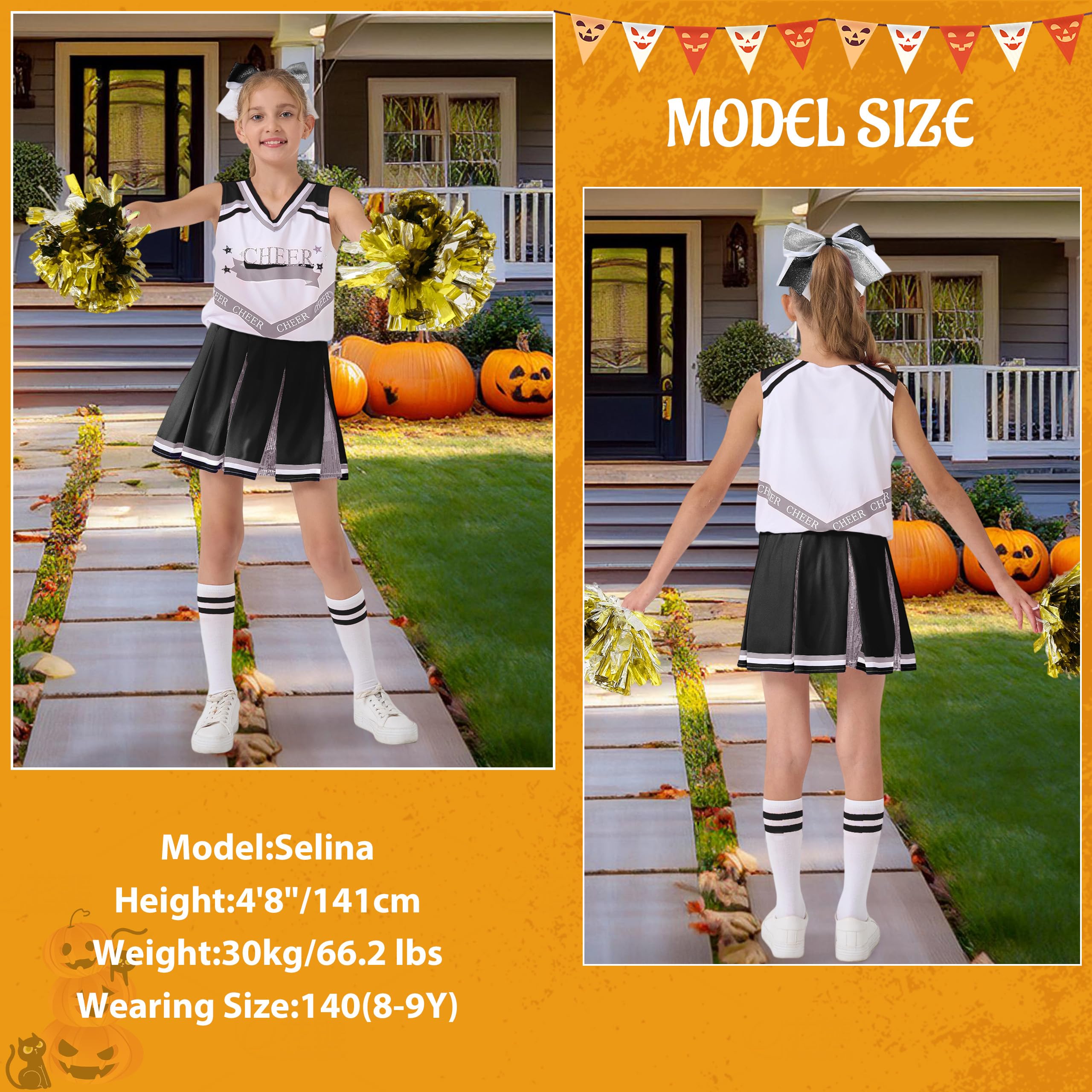 LOLANTA Girls Zombie Cheerleader Costume Kids Black Cheerleading Outfit with Pompoms Socks - Image 2