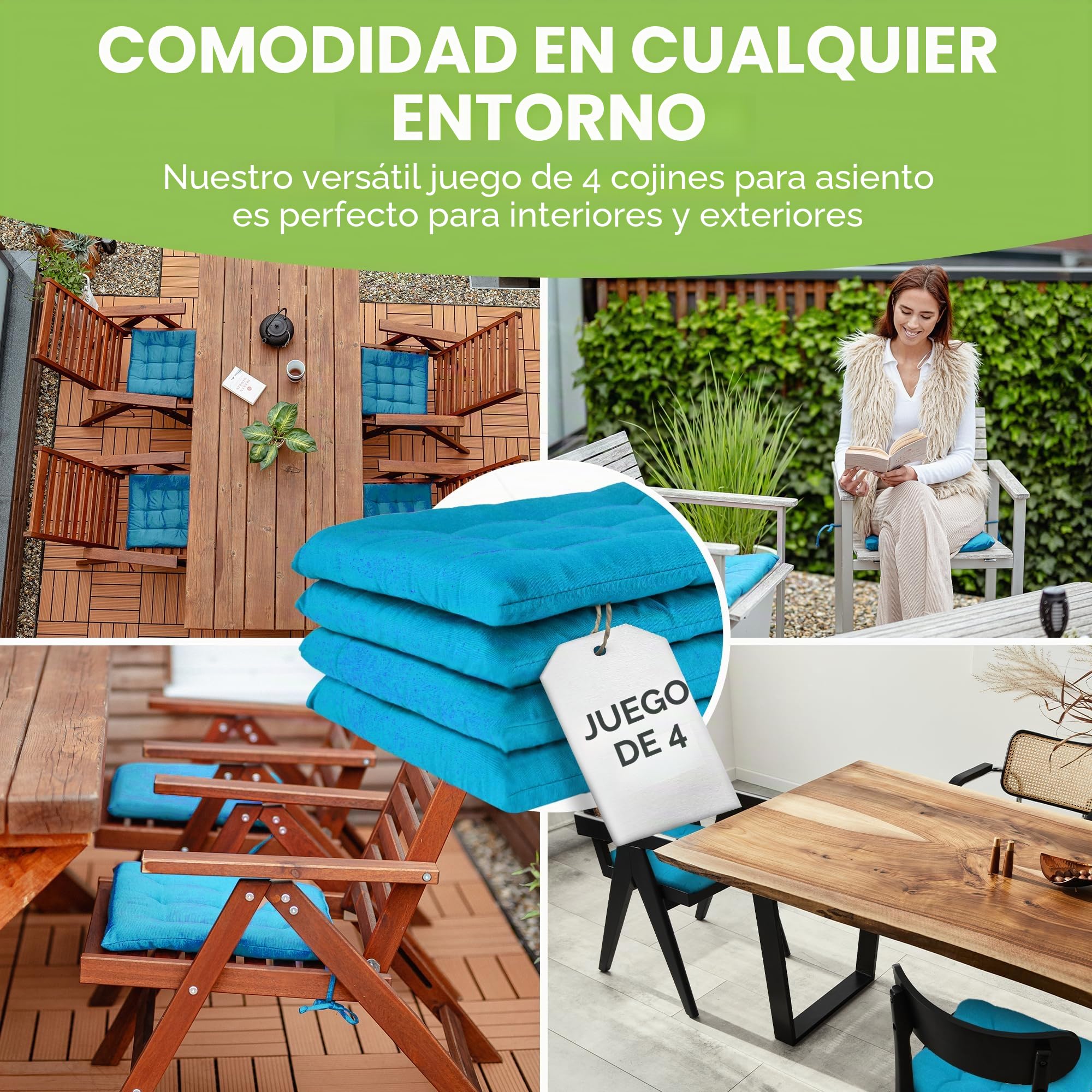Gräfenstayn® Juego de 4 Cojines 40x40x3cm con Correas de sujeción para Interior y Exterior con Junta Oeko-Tex - (Turquesa)