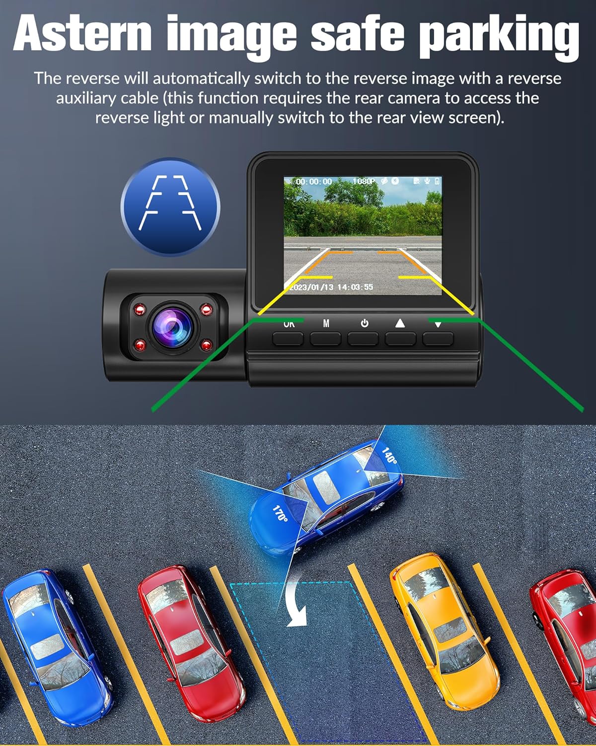 Dash cam display showing rear view with parking lines and a car parking in a lot