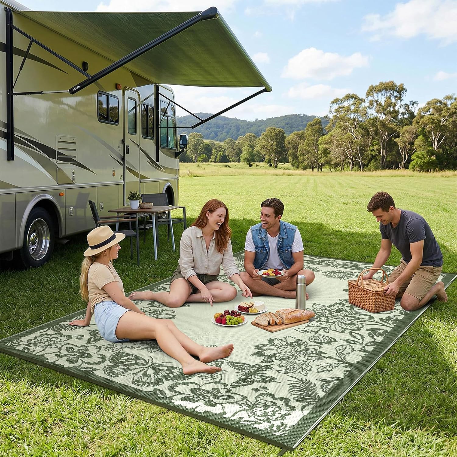 GarveeHome Outdoor Rug 9x12 Patio Waterproof, Reversible Plastic Straw Rugs for Camping, Picnic, Balcony, Porch, RV, Easy-Clean & Quick Dry Floral Pattern Large Indoor Outdoor Carpet, Green