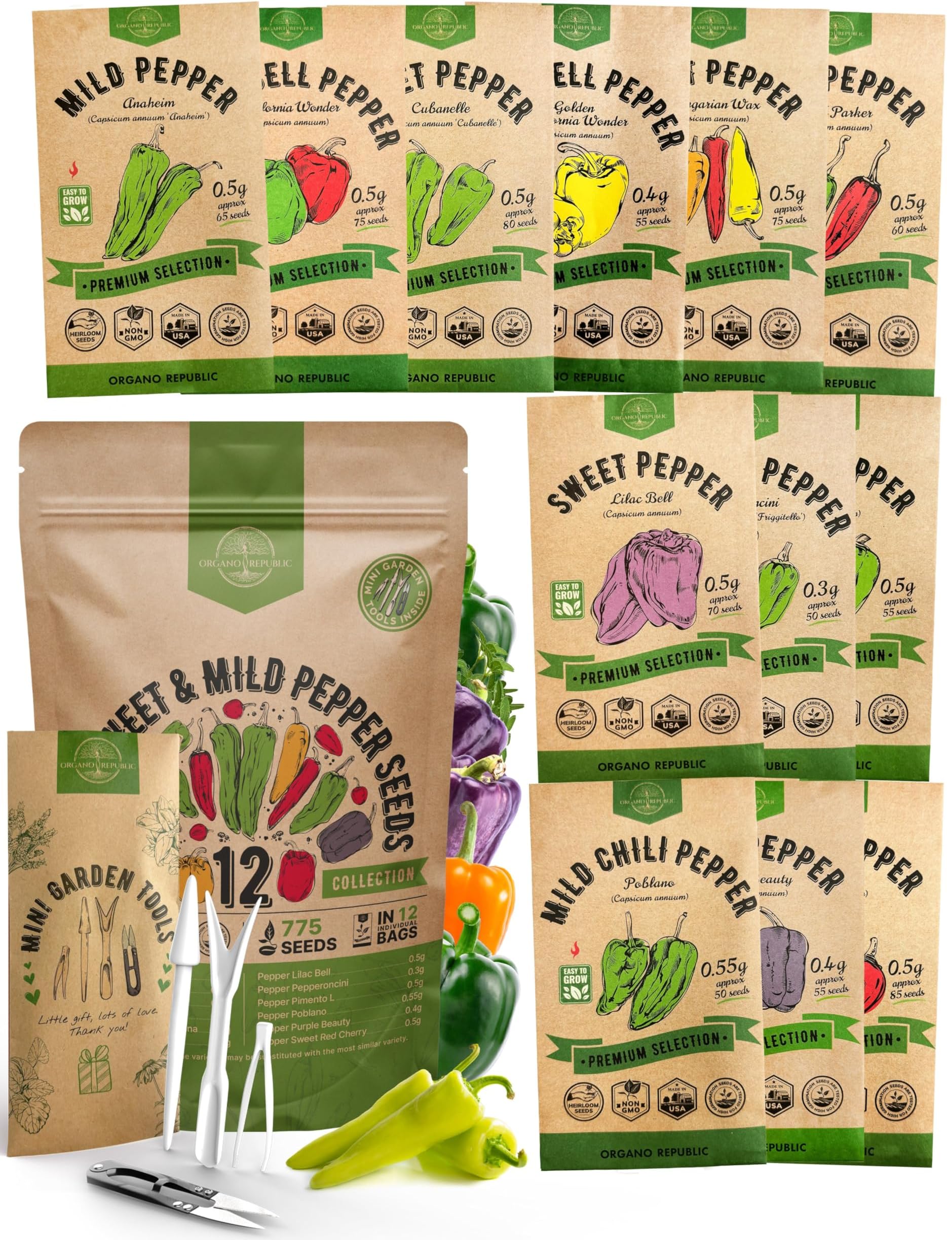 Organo Republic 12 Rare Sweet & Mild Pepper Seeds Variety Pack for Indoor & Outdoors. 770+ Non-GMO Pepper Garden Seeds: California Wonder Bell, Anaheim, Cubanelle, Pepperoncini, Banana Peppers
