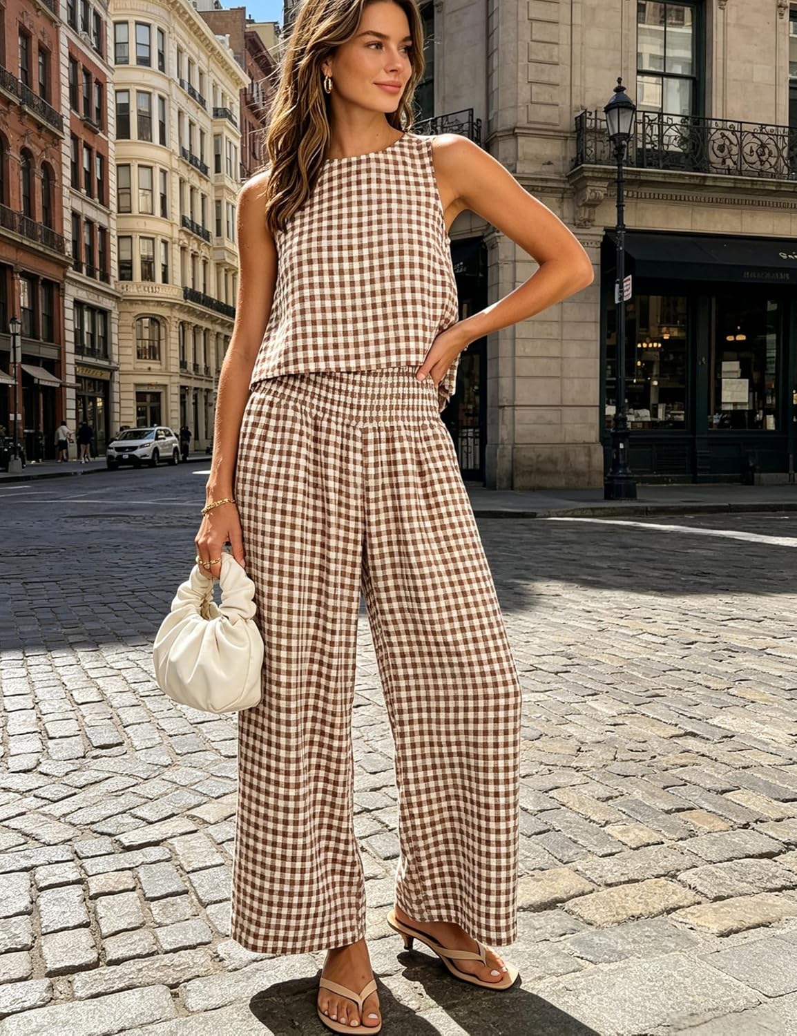 Yeokou Women Plaid Gingham 2 Piece Set Sleeveless Top Smocked Wide Leg Pants Casual Matching Outfit Lounge Suit