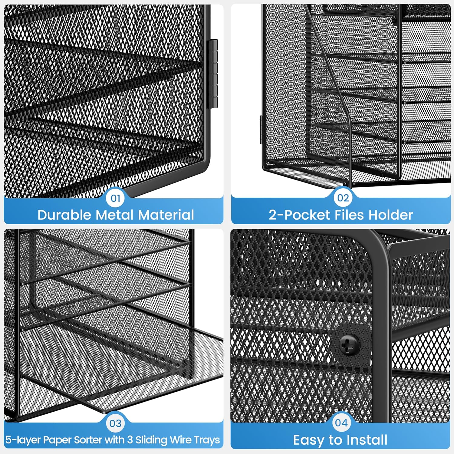 Lavatino Desk Organizer, 5-Tier Metal Mesh Paper Letter Tray with 1 File Holders & 7 Flexible Dividers for Office or Home Desk Organizers and Accessories, Keep Workspace Supplies Neat, Black