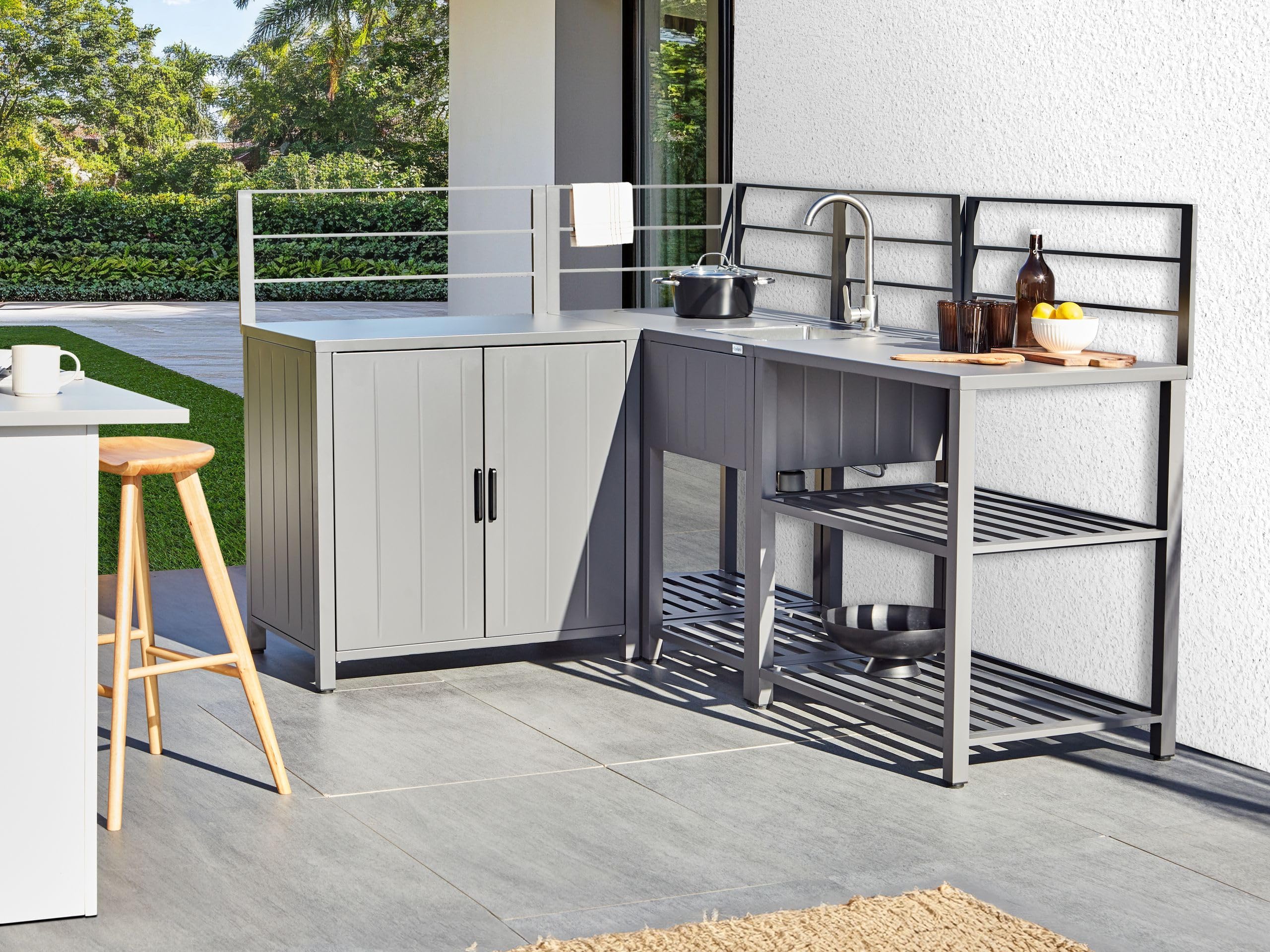 Set cucina da esterno 4 pezzi Armadio in alluminio Isola Lavello Grigio