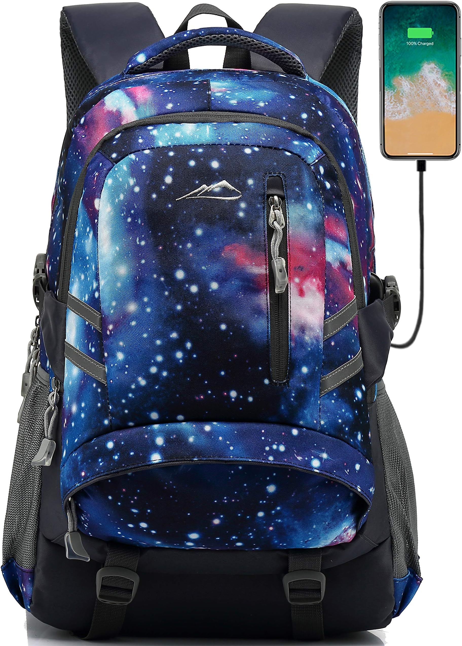 Backpack Bookbag for School Student College Business Travel with USB Charging Port Fit Laptop Up to 15.6 Inch Night Light Reflective Anti Theft (Galaxy A)