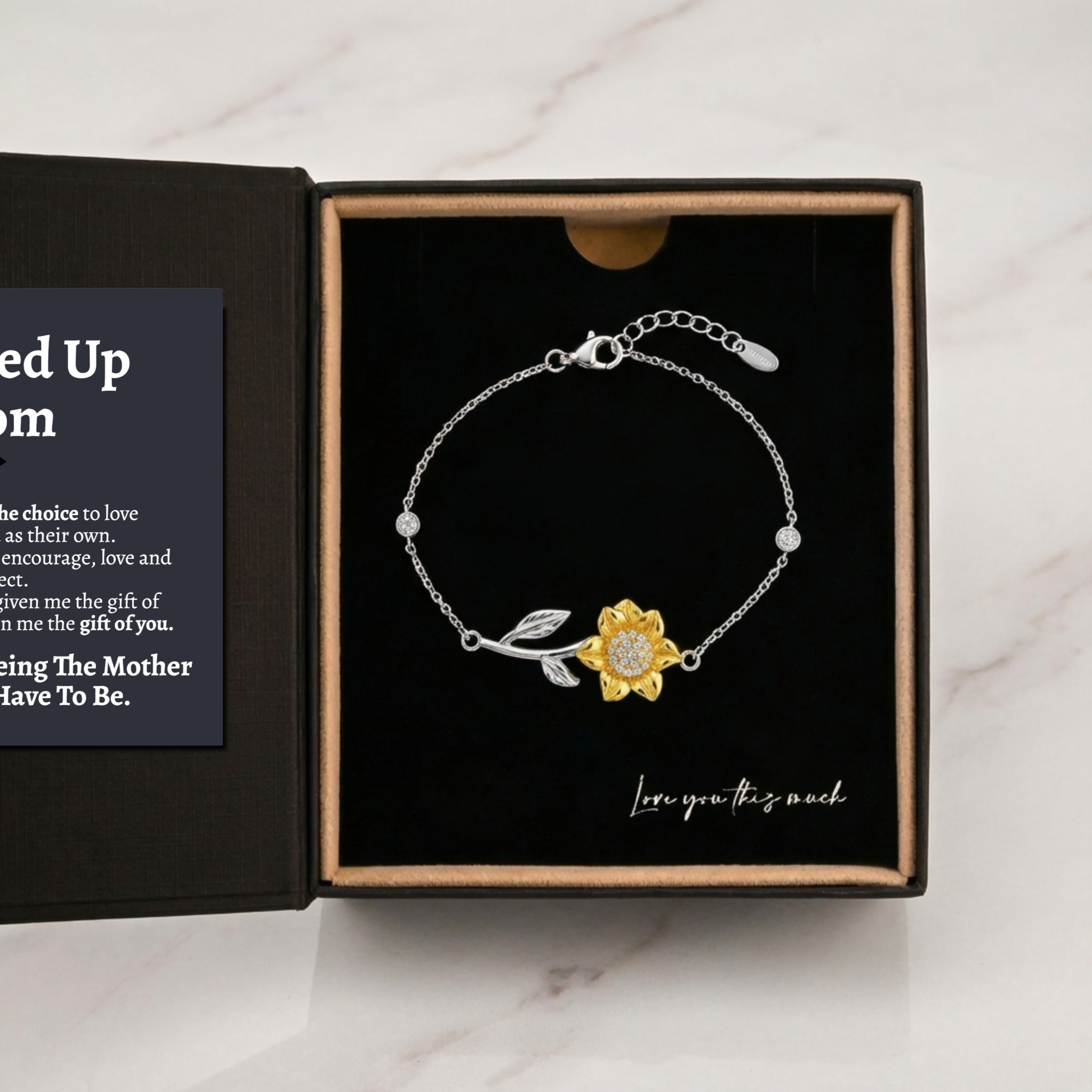 Love You This Much Sentimental Stepped Up Mom 18k Gold Sunflower Bracelet | 6.5-8" Adjustable | Meaningful Bonus Mom Gift | Birthday Gift for Stepmom | Best Stepmother | Luxury Gift Box