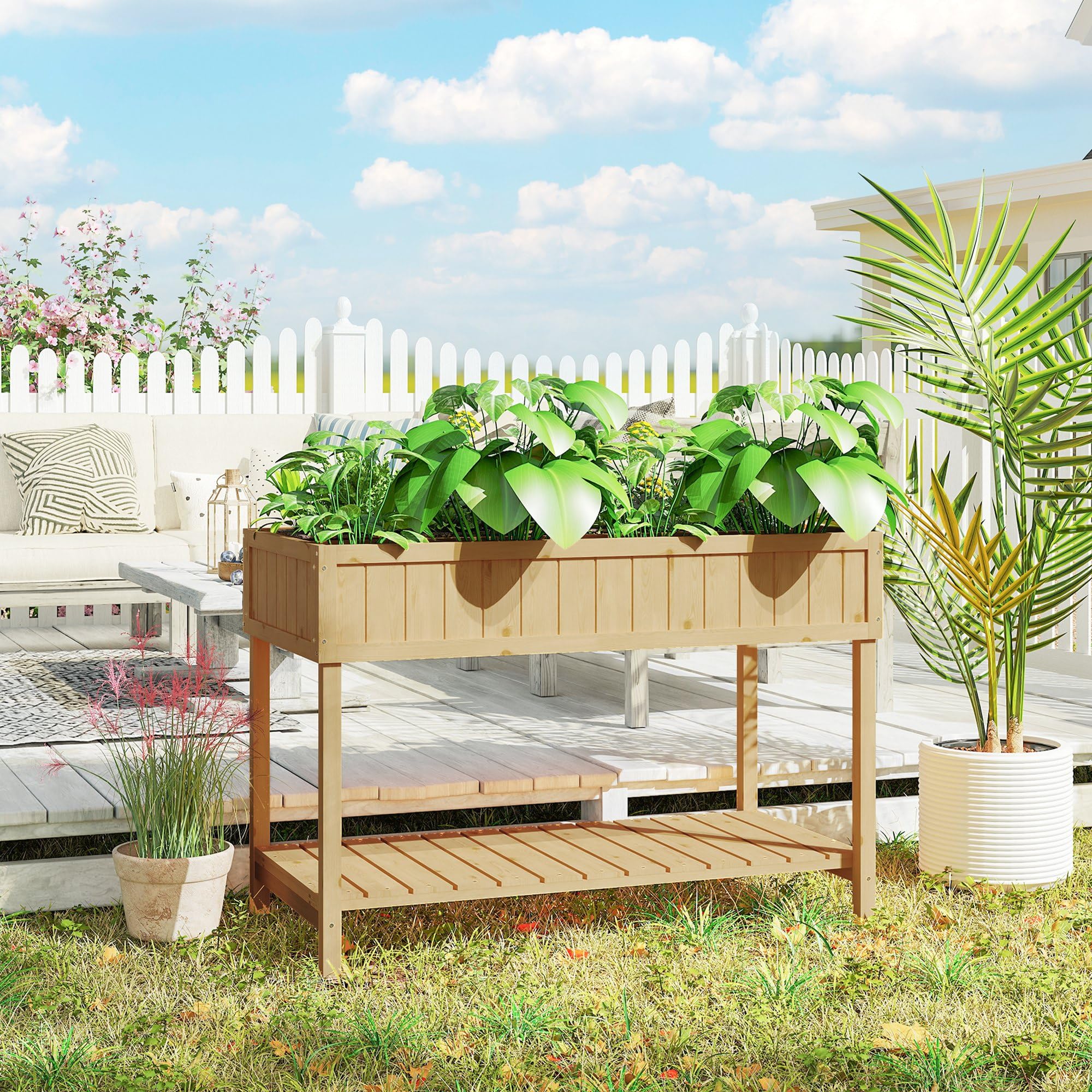 Outsunny Huerto Urbano de Madera, Mesa de Cultivo con Estante Inferior, Jardinera Elevada para Cultivo, Plantas, Flores y Verduras, 110x46x76 cm, Natural