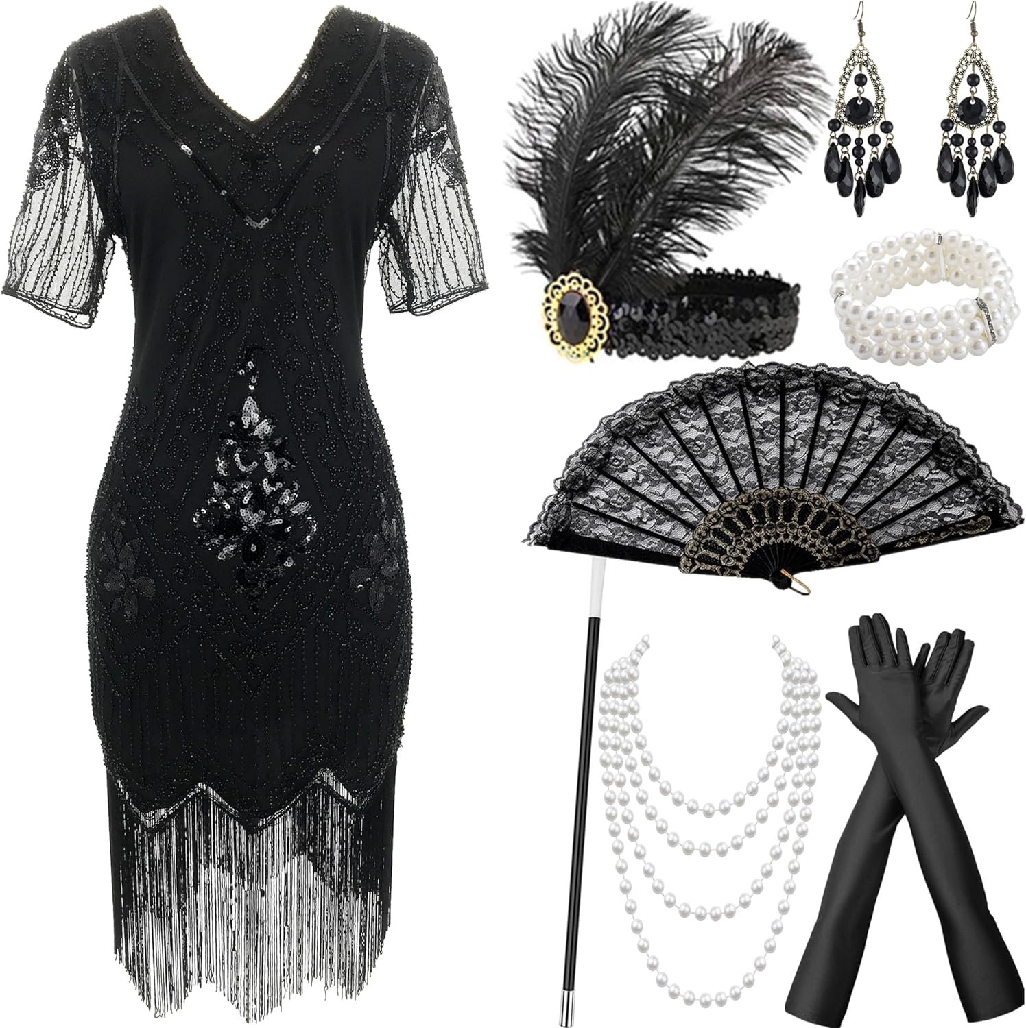 Women's V-neck Dresses 8-piece set 1920s Fringed Sequin Dress with 20s Accessories -20s Accessories Set