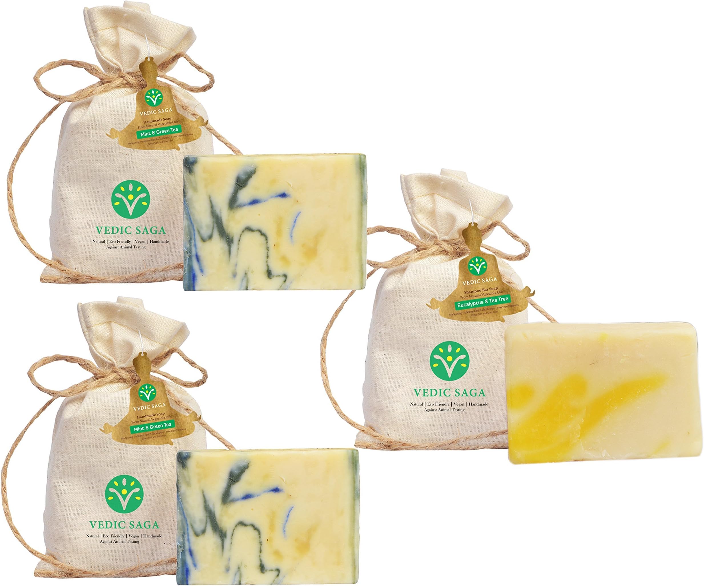 Vedic Saga pack of 3, Combo Handmade Soap : Mint & Green Tea 2 and Shampoo Bar : Eucalyptus & Tea Tree