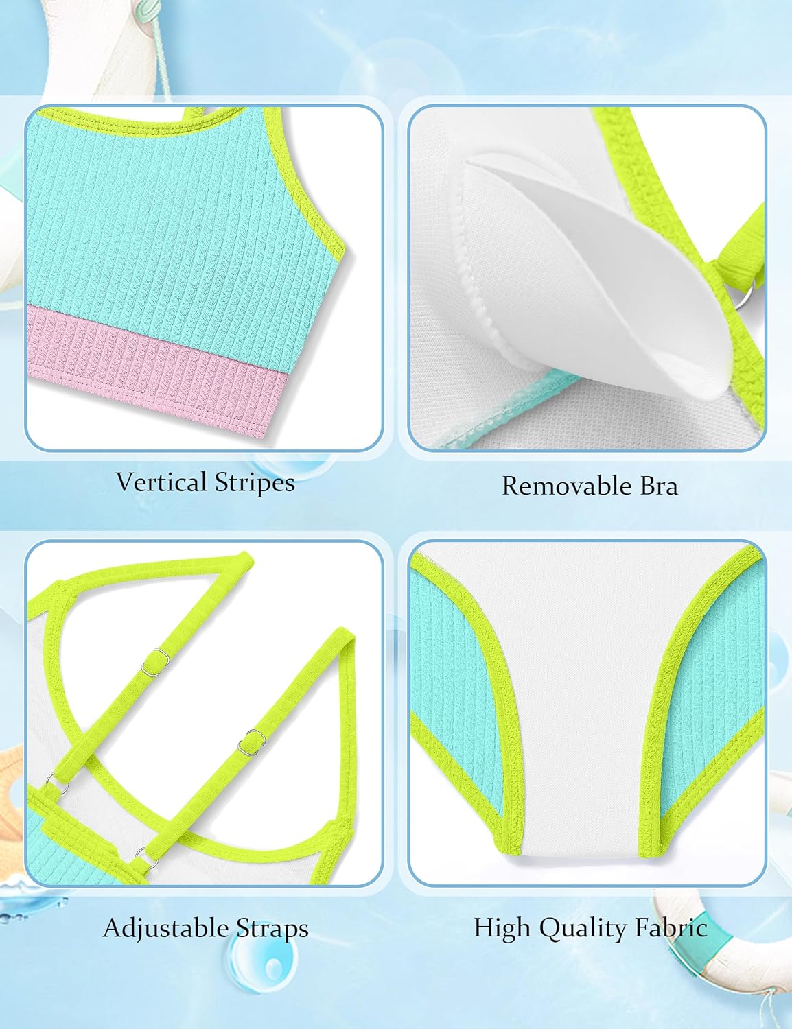 NECIOUS Girls Swimsuits Color Block Two Piece Bathing Suit Adjustable Straps Teen Bikini Sets with Chest Pad 9-16Y