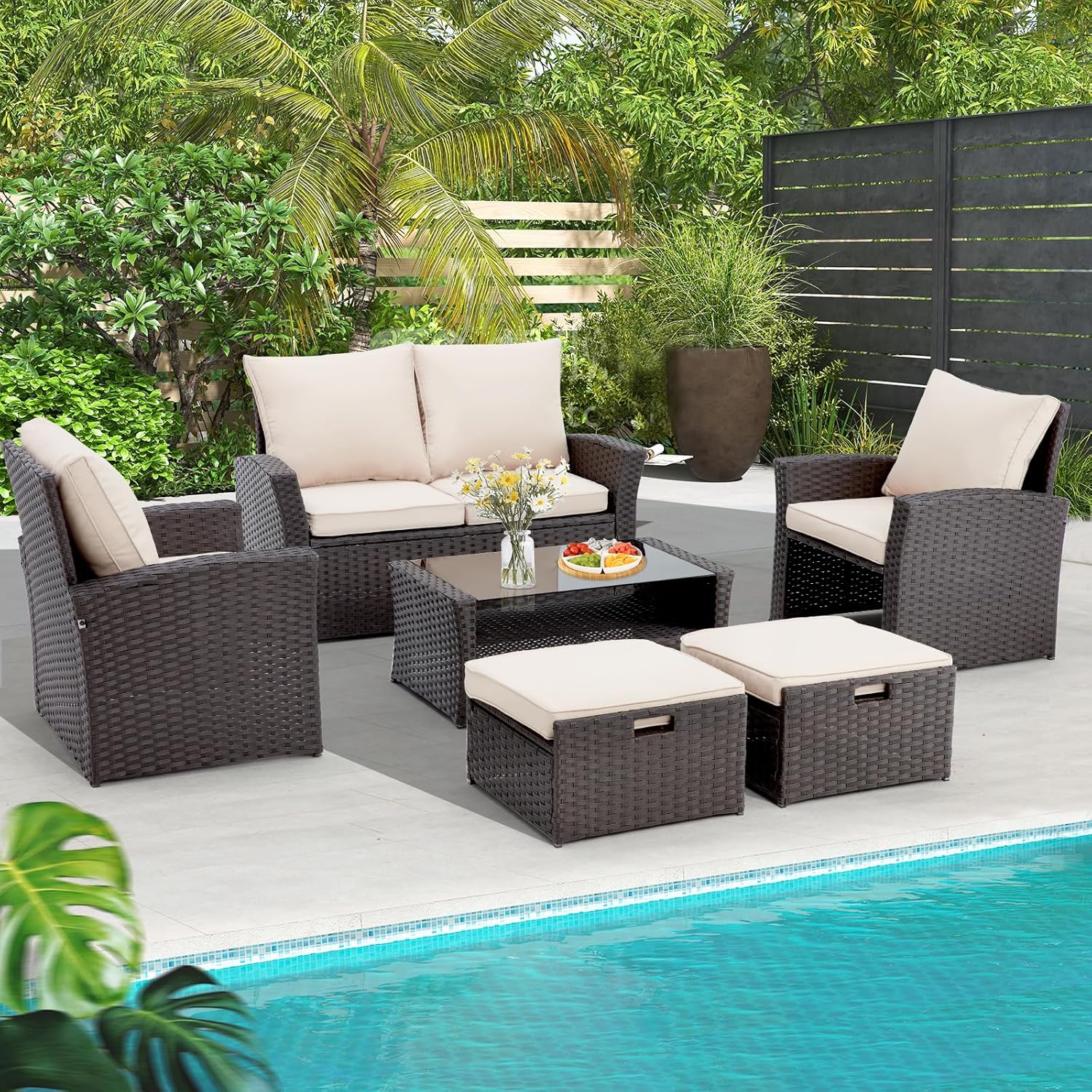 HOMREST 6 Pieces Outdoor Patio Furniture Set with Coffee Table, Patio Conversation Set with Ottoman with Storage, Outdoor Sofa for Garden, Porch, Deck, Backyard(Khaki)